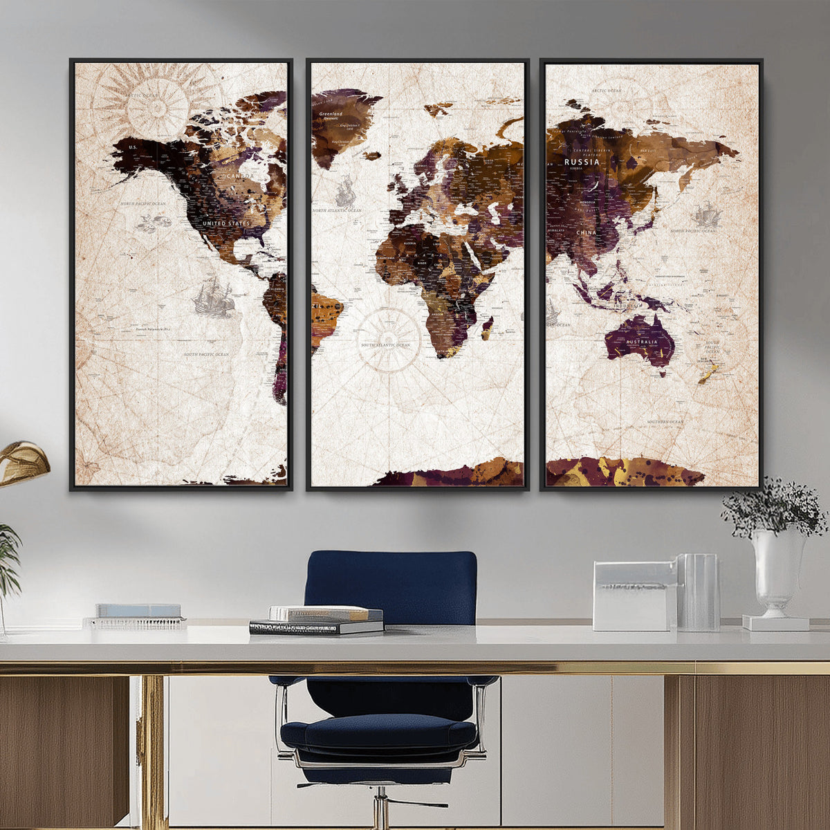 53400857-MGV-CV-36X24 - Blue Watercolor World Map Canvas Print – Framed Modern Wall