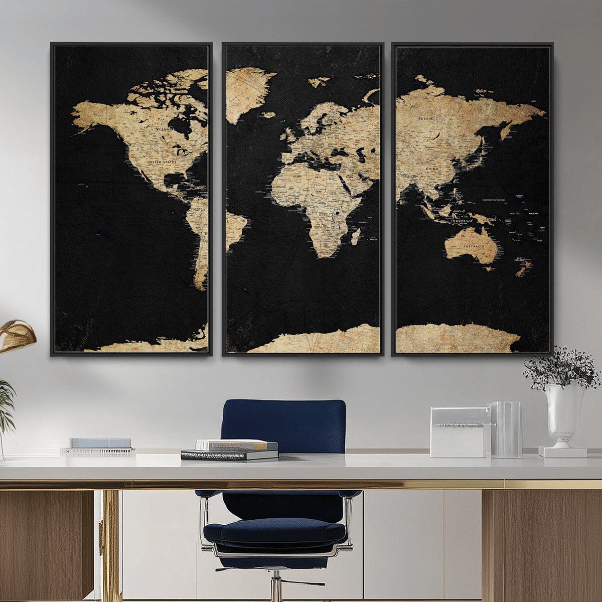 71518849-MGV-CV-36X24 - Beige World Map Canvas Wall Art Print, Minimal Black and