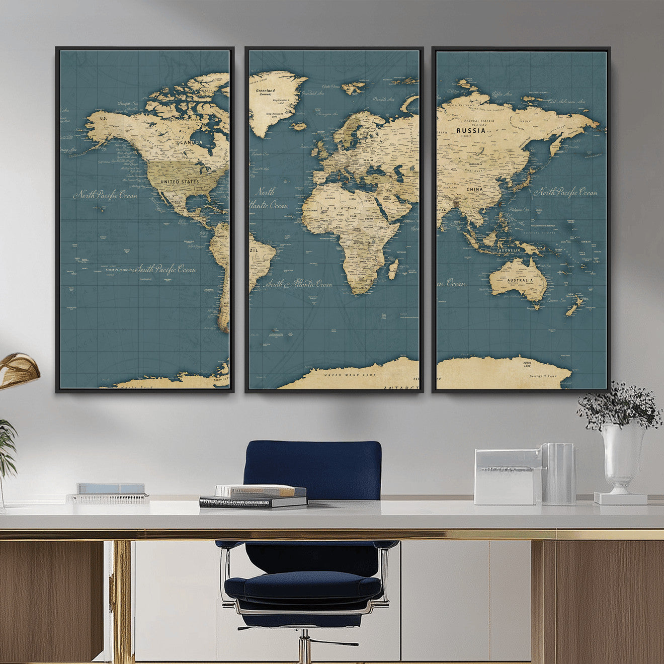 99599383-MGV-CV-36X24 - World Map Wall Art Canvas Print, Modern Decorative Framed Map Artwork Prints for Living Room, Office, Bedroom Wall Decor