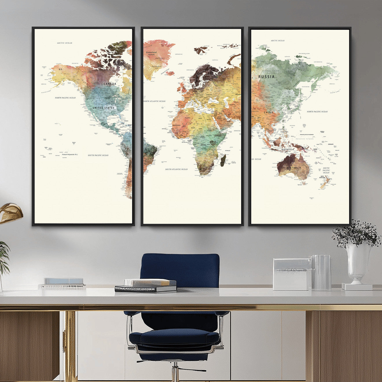 64206059-MGV-CV-36X24 - World Map Wall Art Canvas Print, Modern Decorative Framed Map Artwork Prints for Living Room, Office, Bedroom Wall Decor