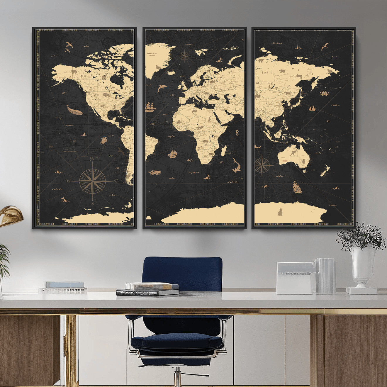 75220264-MGV-CV-36X24 - World Map Wall Art Canvas Print, Modern Decorative Framed Map Artwork Prints for Living Room, Office, Bedroom Wall Decor