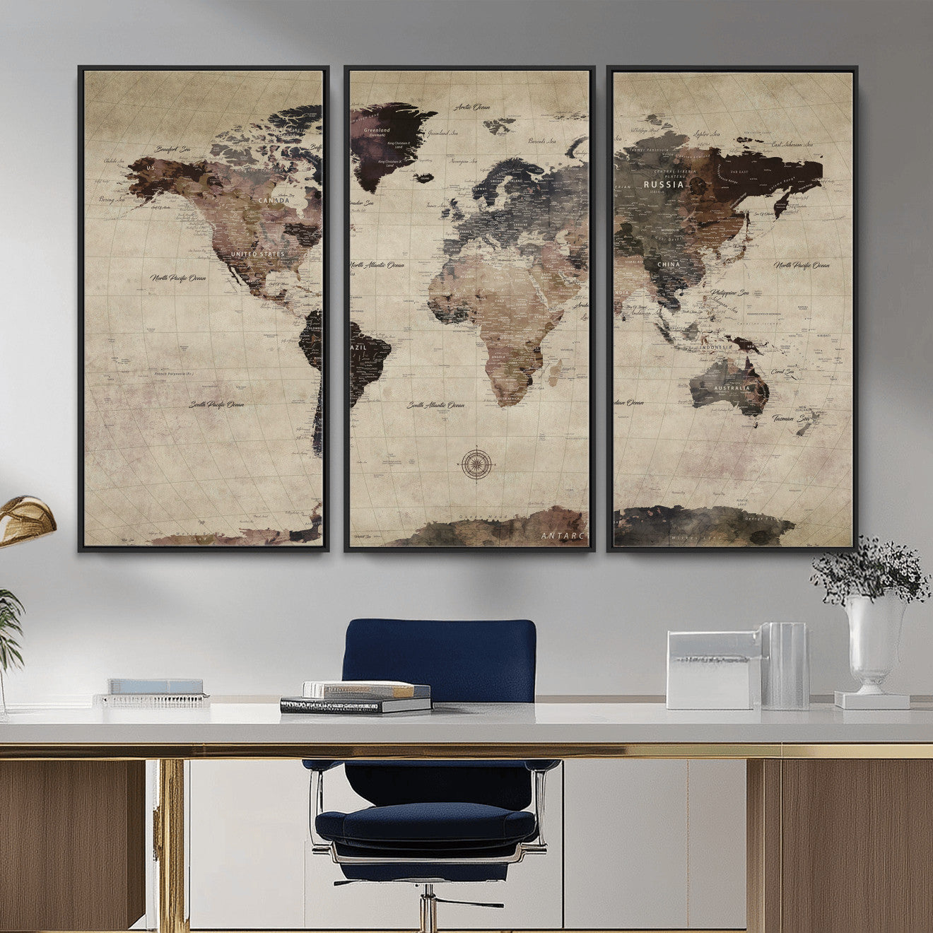60560672-MGV-CV-36X24 - World Map Wall Art Canvas Print, Modern Decorative Framed Map Artwork Prints for Living Room, Office, Bedroom Wall Decor