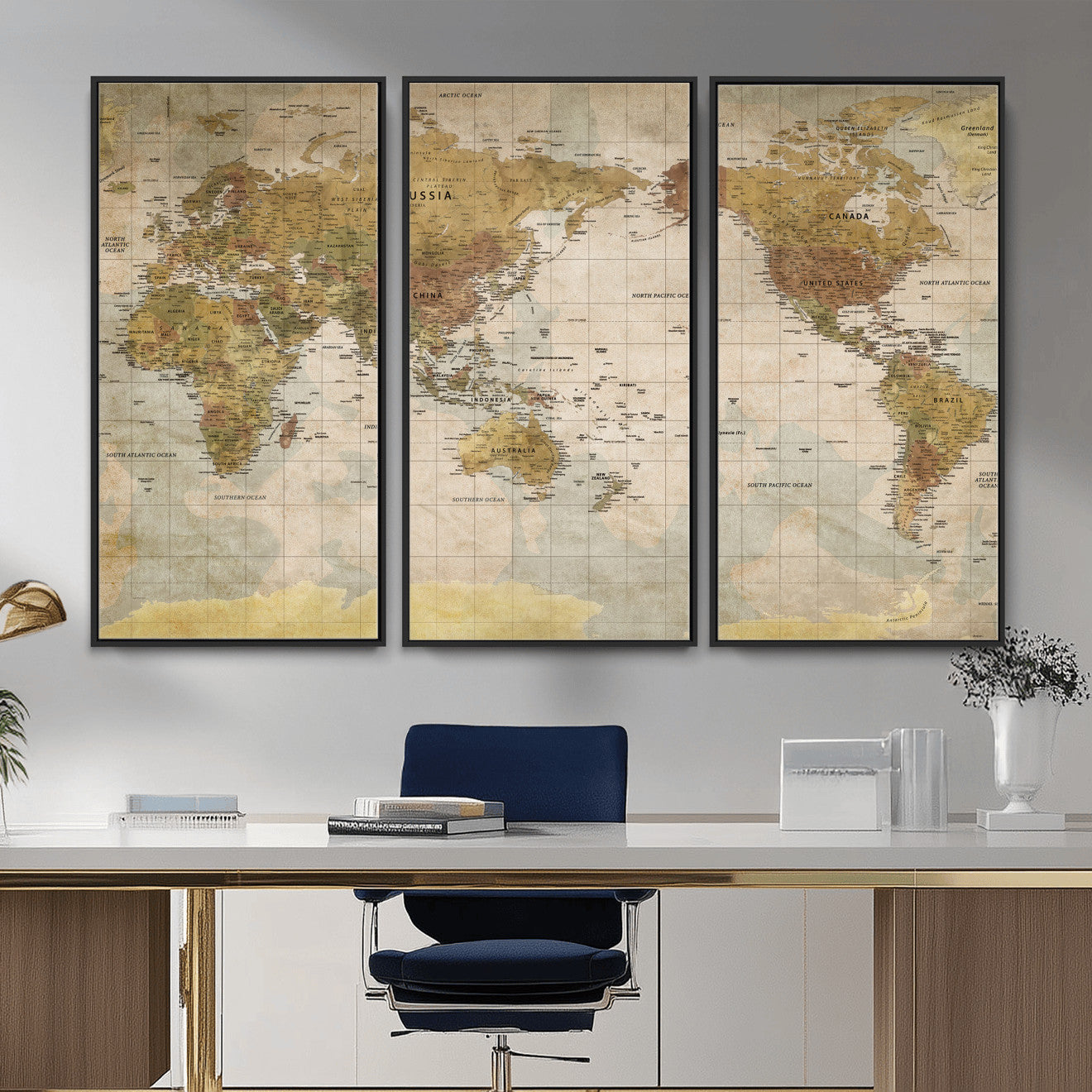 22305205-MGV-CV-36X24 - World Map Wall Art Canvas Print, Modern Decorative Framed Map Artwork Prints for Living Room, Office, Bedroom Wall Decor