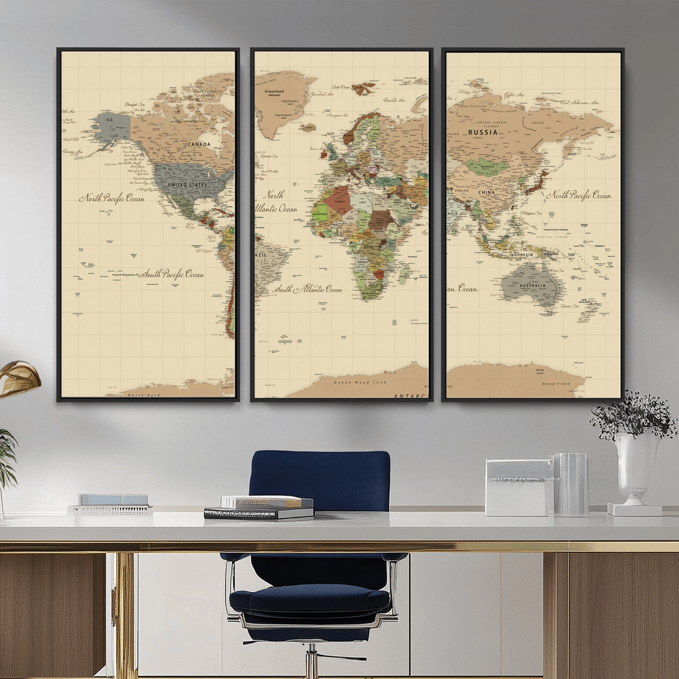31407854-MGV-CV-36X24 - World Map Wall Art Canvas Print, Modern Decorative Framed Map Artwork Prints for Living Room, Office, Bedroom Wall Decor