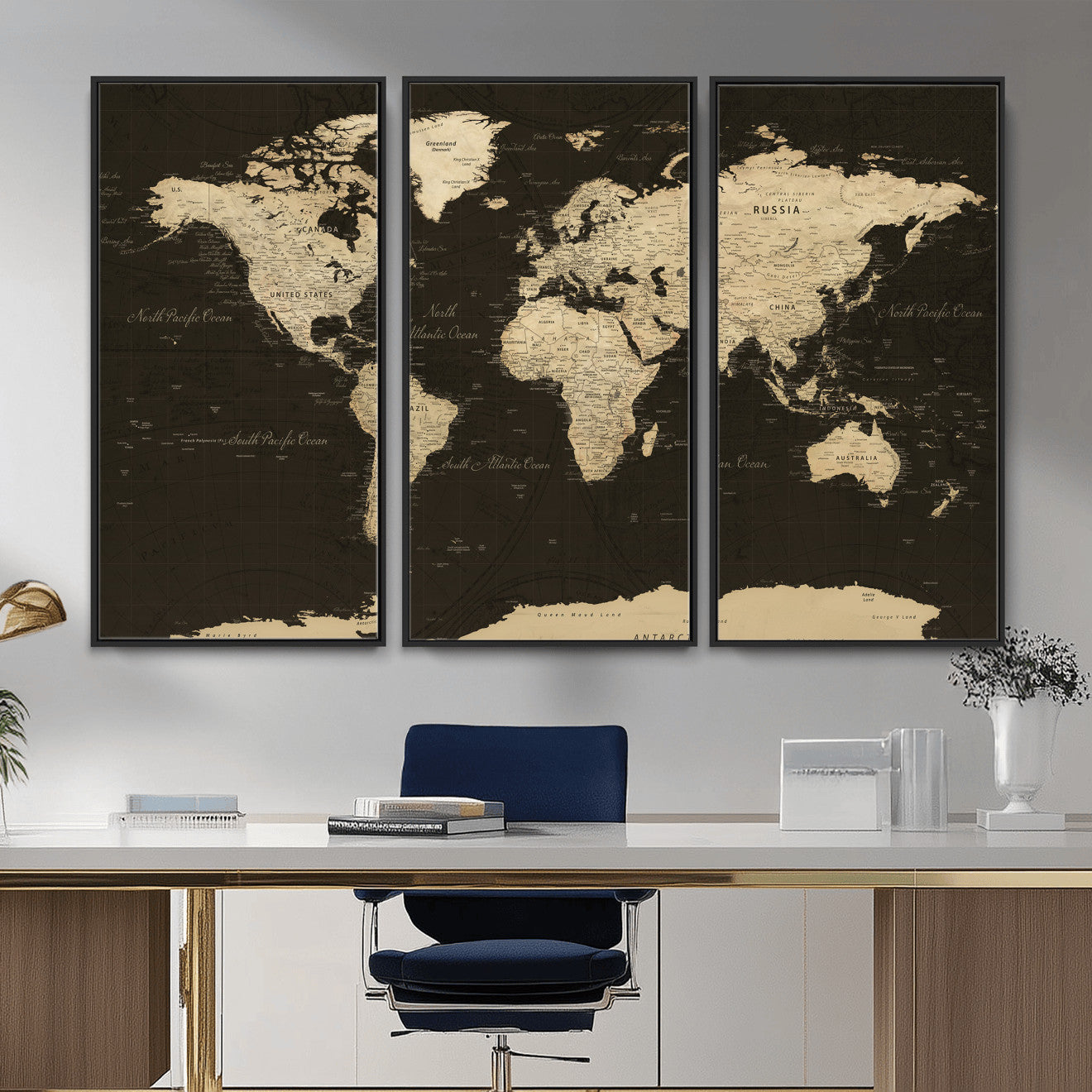 89024244-MGV-CV-36X24 - World Map Wall Art Canvas Print, Modern Decorative Framed Map Artwork Prints for Living Room, Office, Bedroom Wall Decor