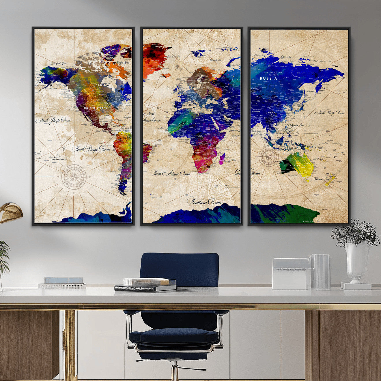 26284075-MGV-CV-36X24 - World Map Wall Art Canvas Print, Modern Decorative Framed Map Artwork Prints for Living Room, Office, Bedroom Wall Decor