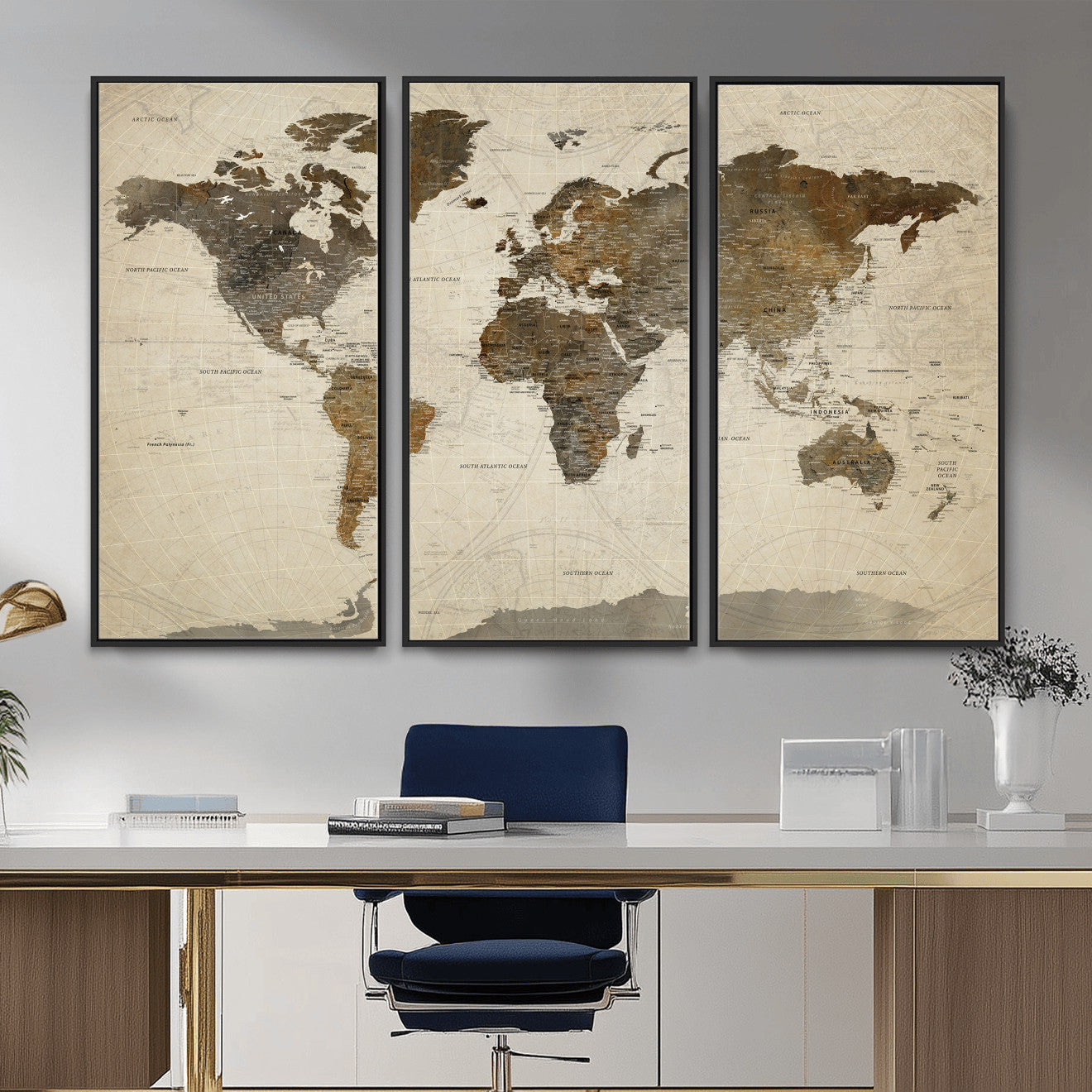 49623468-MGV-CV-36X24 - World Map Wall Art Canvas Print, Modern Decorative Framed Map Artwork Prints for Living Room, Office, Bedroom Wall Decor