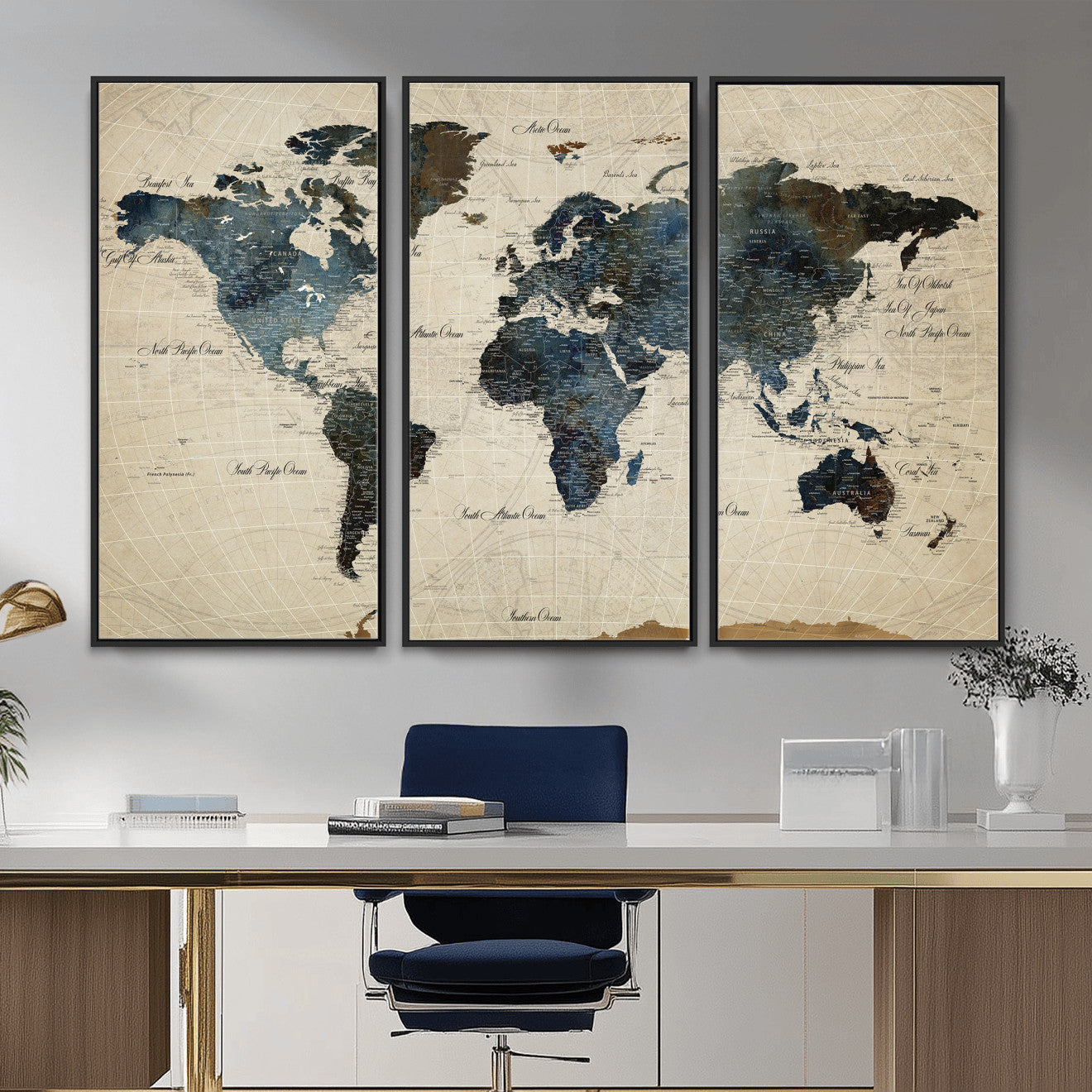 72927803-MGV-CV-36X24 - World Map Wall Art Canvas Print, Modern Decorative Framed Map Artwork Prints for Living Room, Office, Bedroom Wall Decor