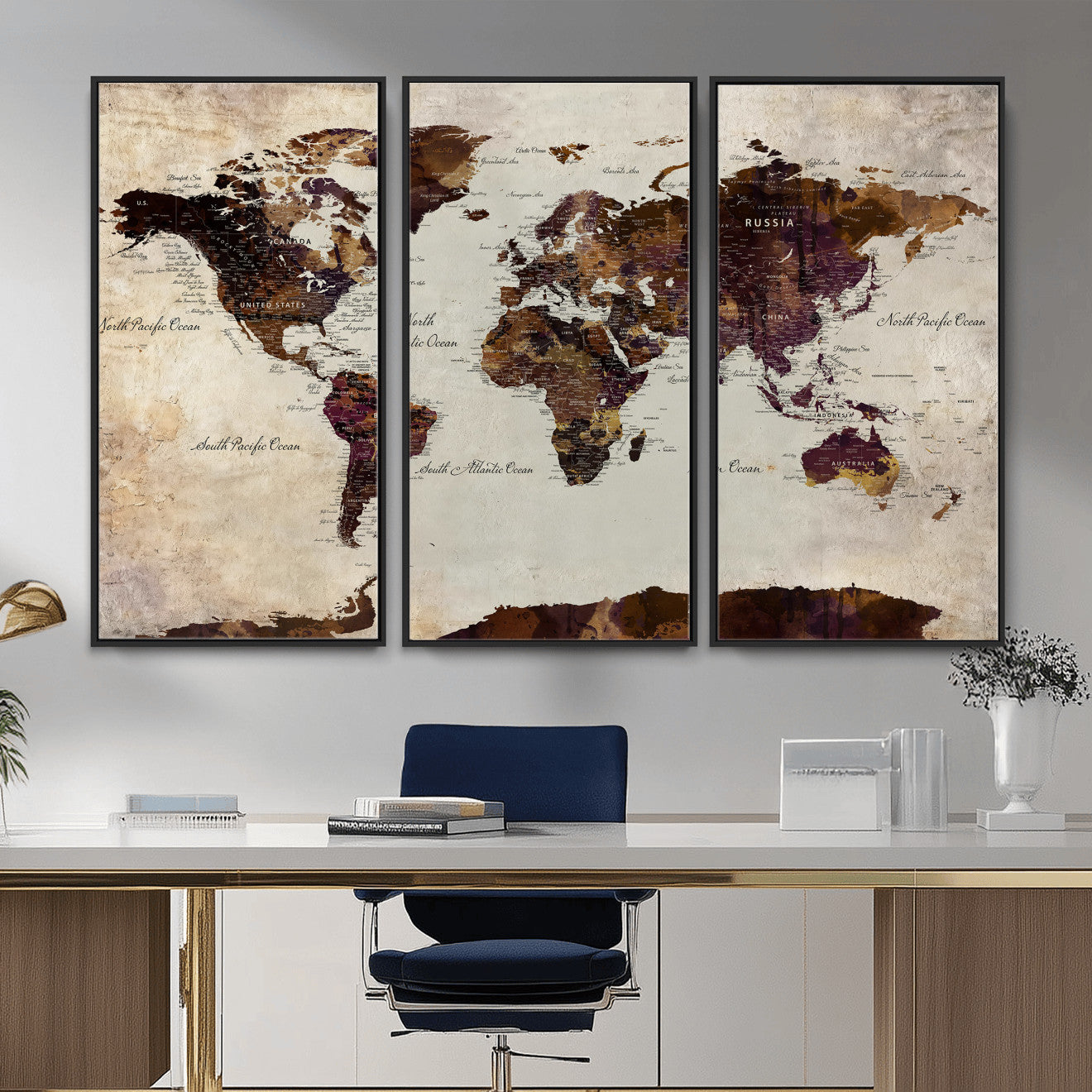 50611123-MGV-CV-36X24 - World Map Canvas Triptych – Colorful Global Wall Art for Living Rooms, Offices, and Study Spaces