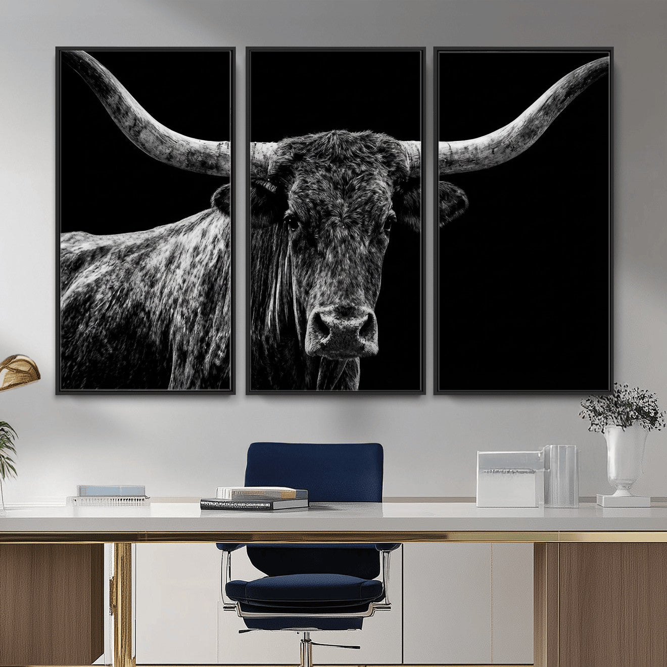 86568508-MGV-CV-36X24 - Vintage Texas Longhorn Bull Wall Art Canvas Print, Texas Cow Portrait Print, Framed Bull Wall Art Ready to Hang