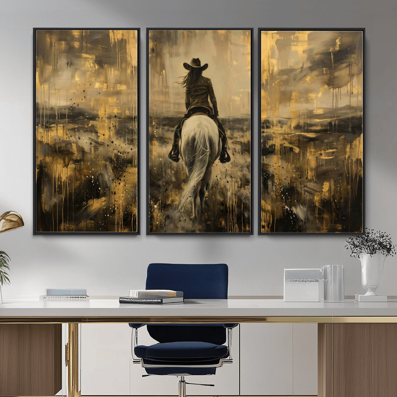 20465530-MGV-CV-36X24 - Cowgirl Wall Art Canvas Print, Western Horse Rider Wall Art, Framed Wall Art Ready to Hang