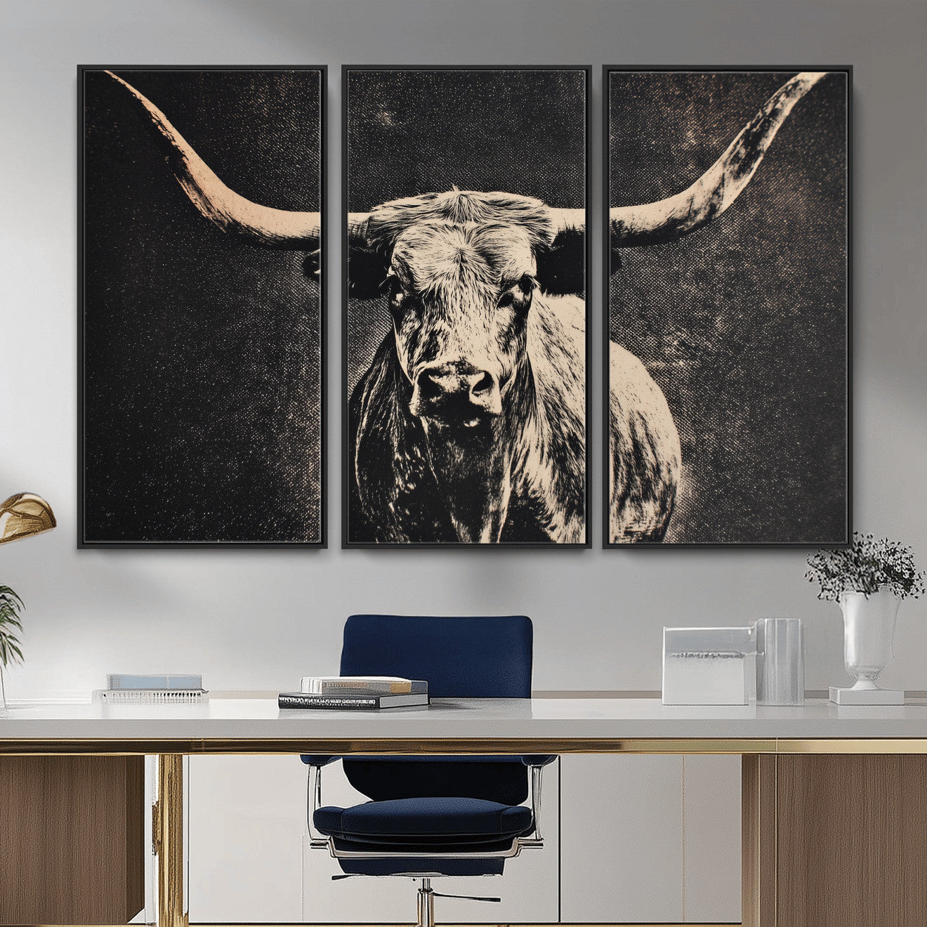 27394218-MGV-CV-36X24 - Vintage Texas Longhorn Bull Wall Art Canvas Print, Cow Portrait Photography Print, Framed Wall Art Ready to Hang