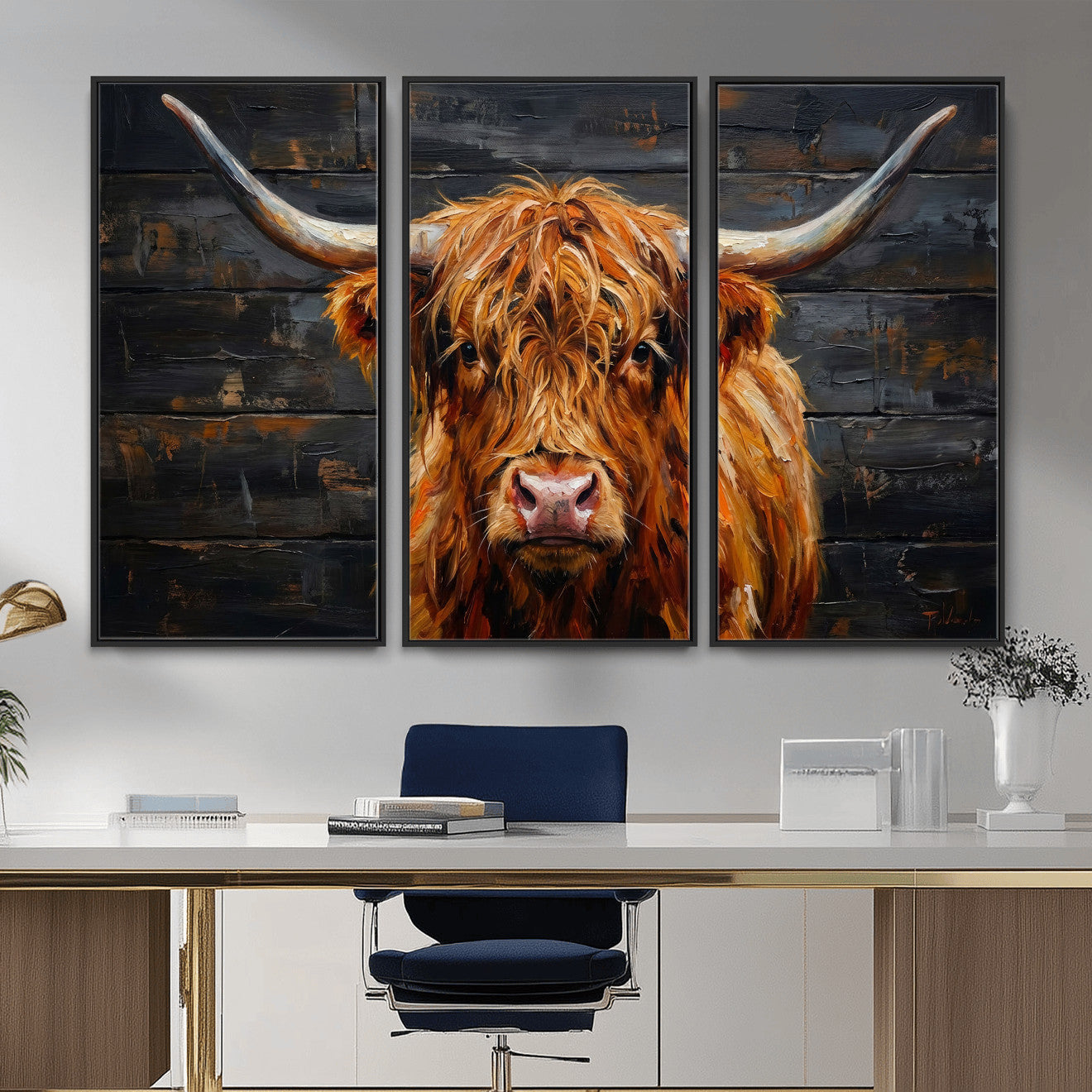 32536611-MGV-CV-36X24 - Highland Cow Wall Art Canvas Print, Rustic Farm Animal Painting, Framed Wall Art Ready to Hang