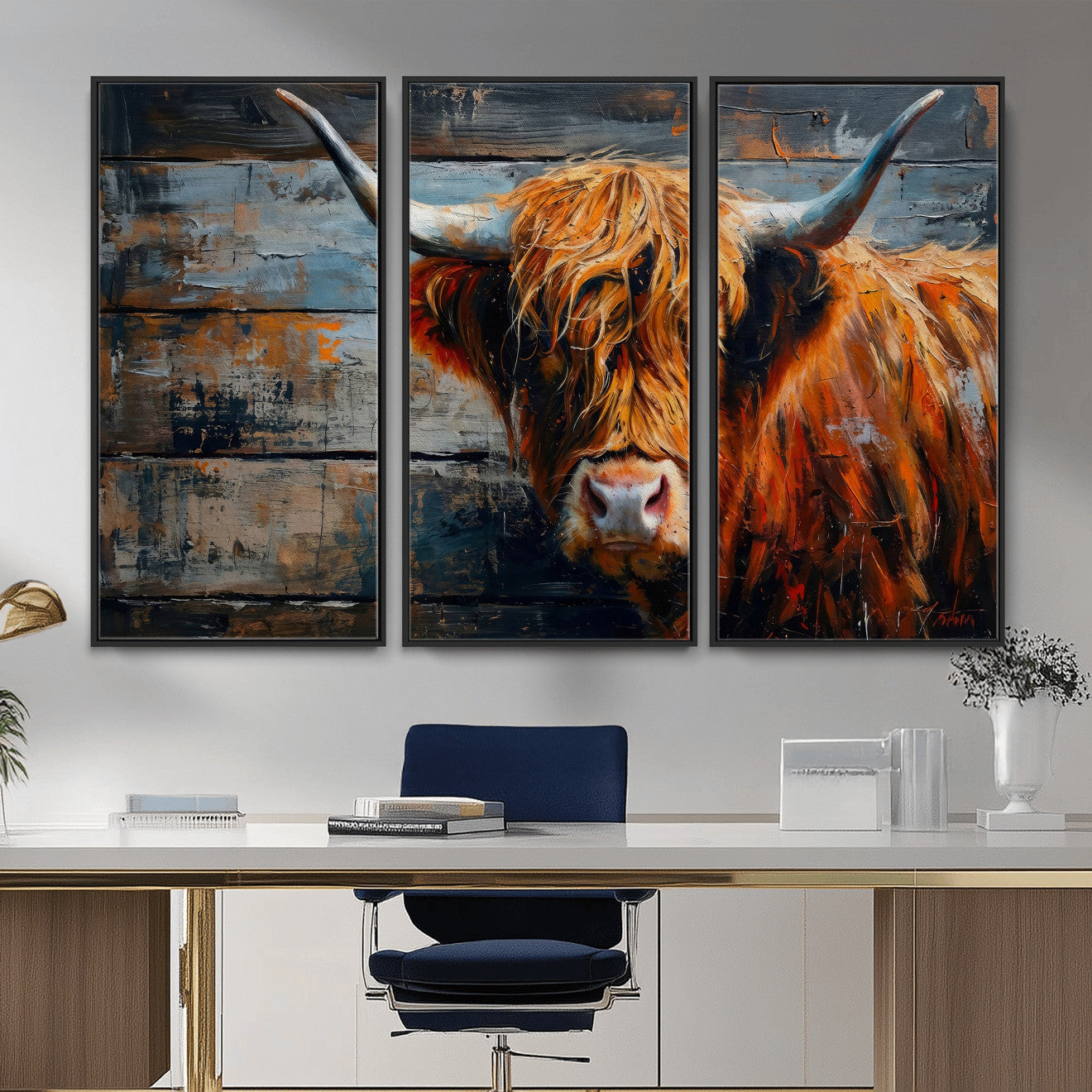 90271423-MGV-CV-36X24 - Highland Cow Wall Art Canvas Print, Abstract Rustic Farm Animal Wall Art Print, Framed Wall Art Ready to Hang
