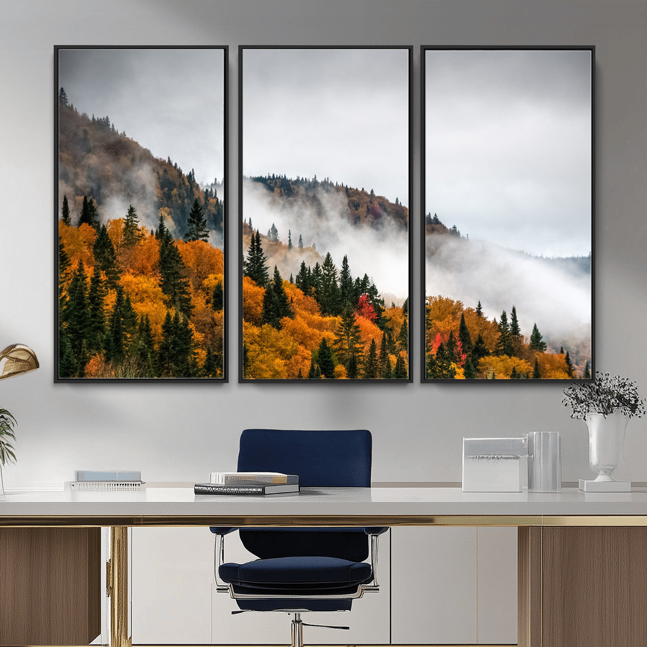 93581632-MGV-CV-36X24 - Autumn Forest Wall Art Canvas Print, Foggy Mountain Landscape Nature Photography, Framed Wall Art Ready to Hang