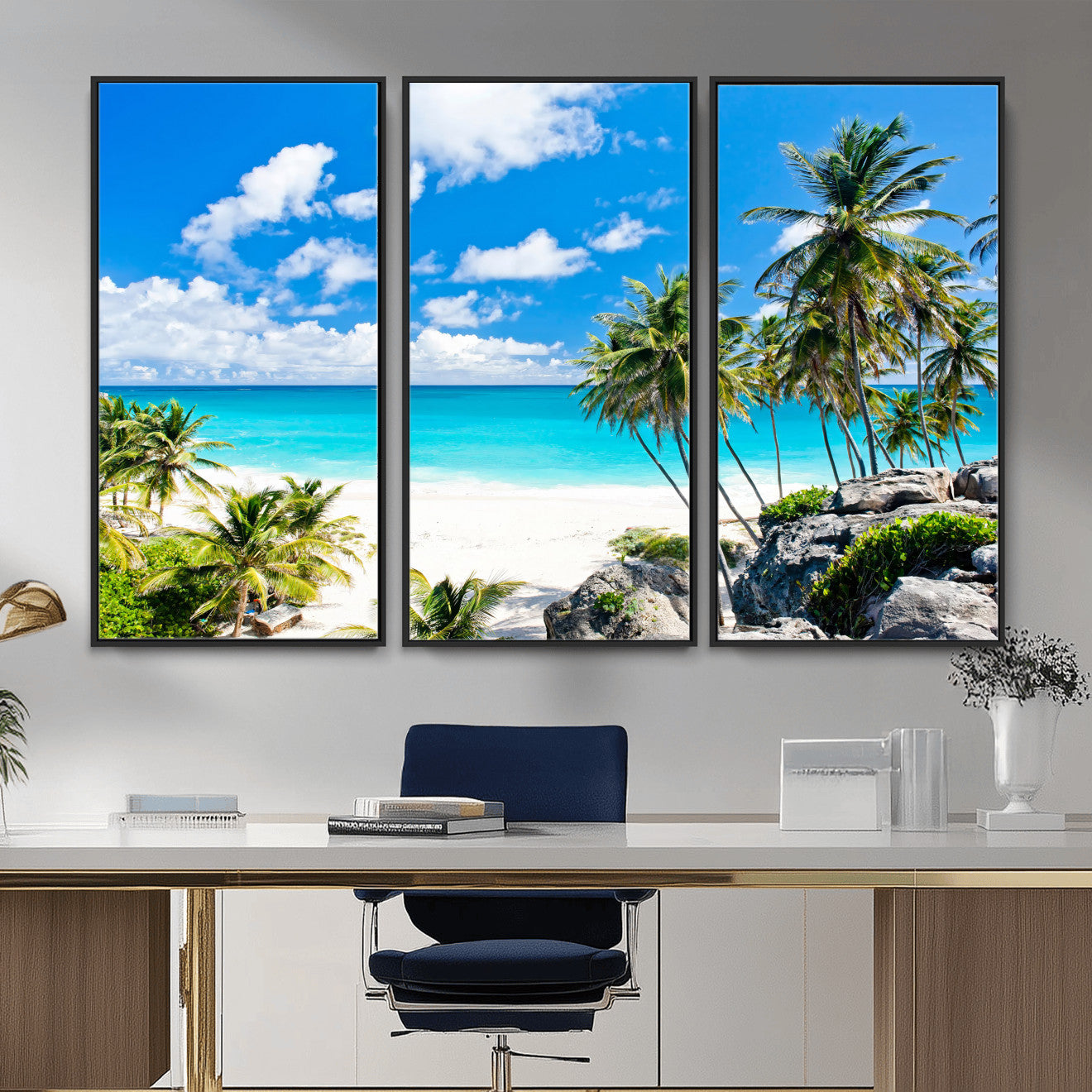 29232878-MGV-CV-36X24 - Barbados Beach Wall Art Canvas Print, Palm Tree Ocean Landscape, Turquoise Sea Coastal Photography, Tropical Island Wall Decor, Framed Ready to Hang