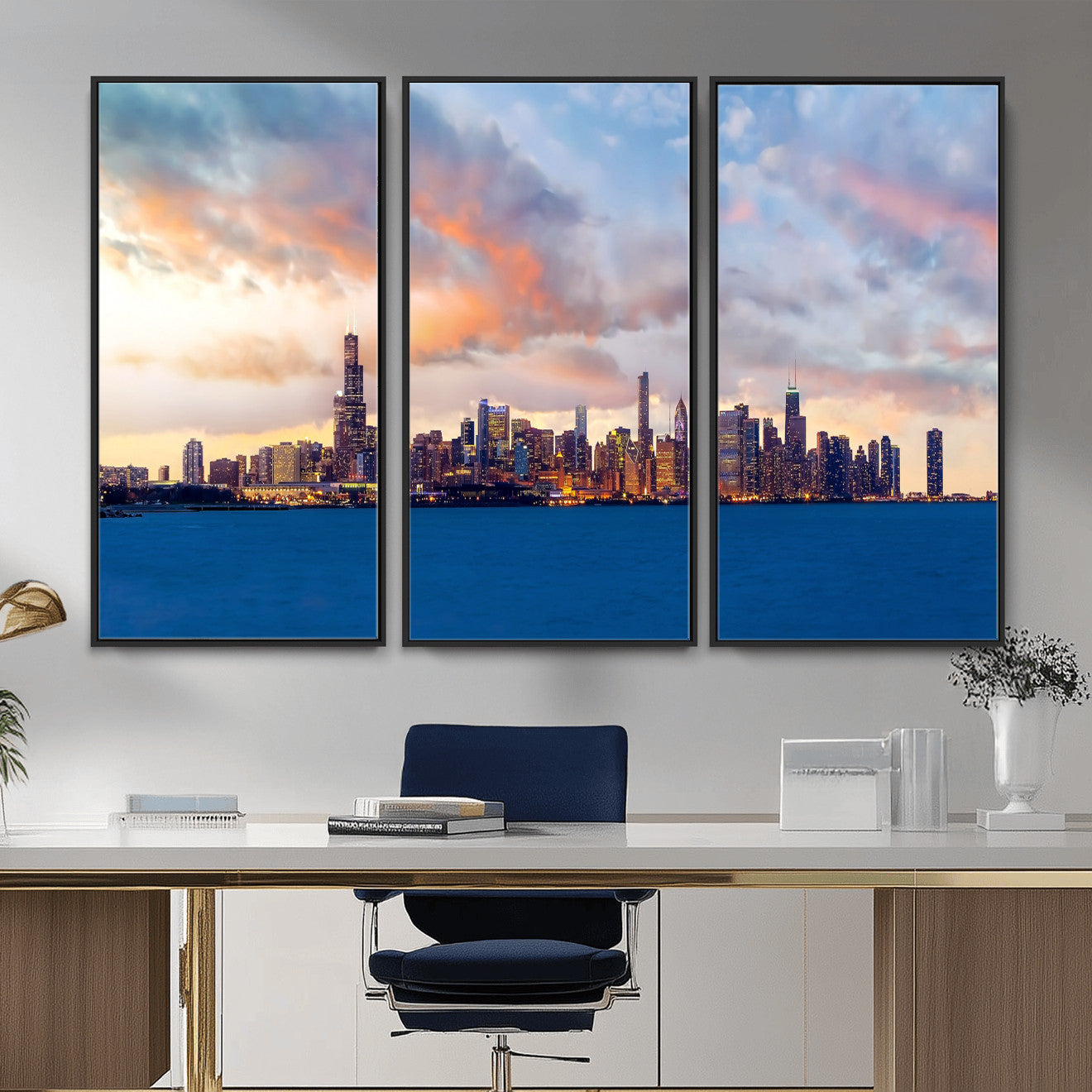 34667960-MGV-CV-36X24 - Chicago Wall Art Canvas Print, Chicago City Downtown Night Cityscape Print for Modern Urban Wall Decor