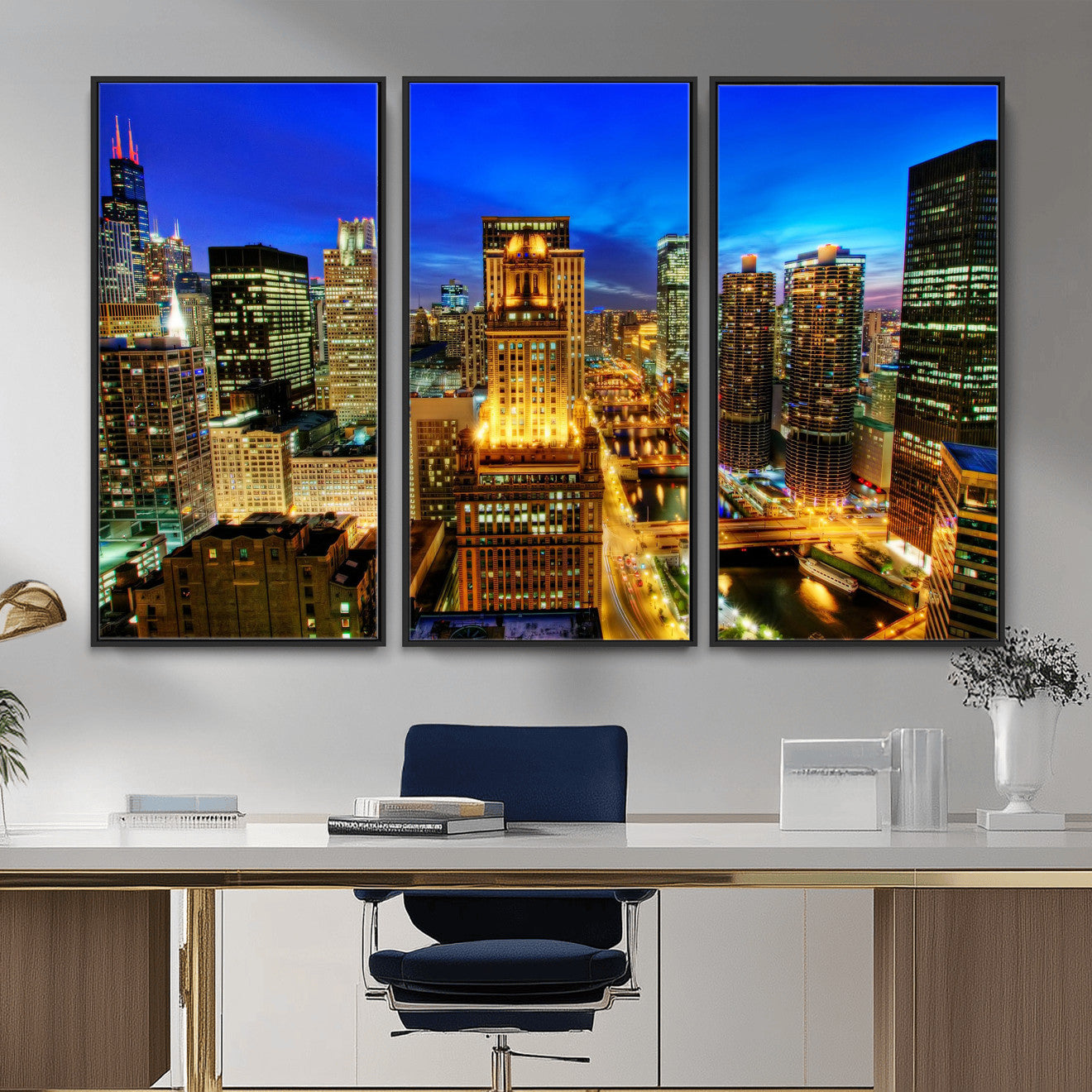 46298885-MGV-CV-36X24 - Chicago Wall Art Canvas Print, Chicago City Downtown Night Cityscape Print for Modern Urban Wall Decor