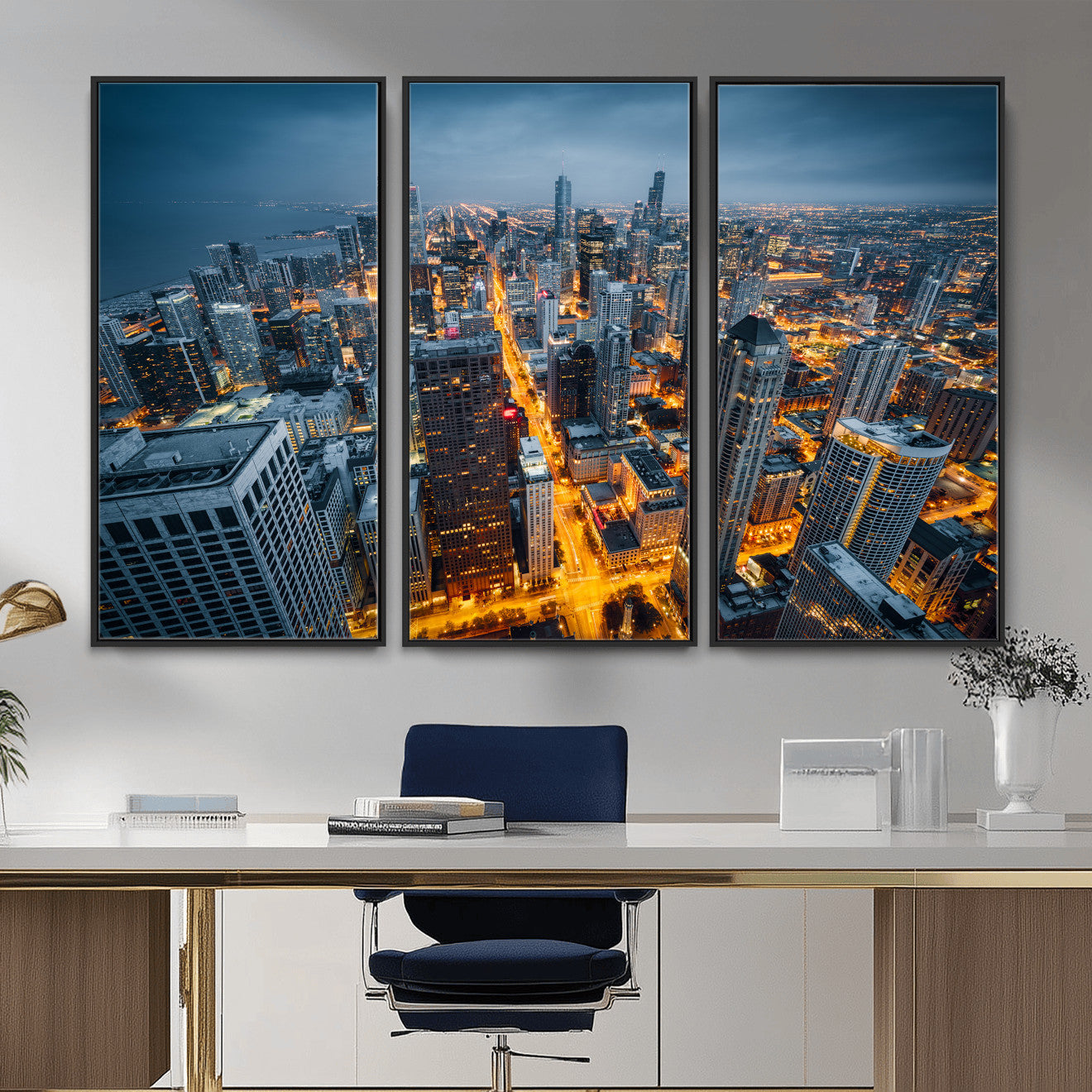 81742538-MGV-CV-36X24 - Chicago Wall Art Canvas Print, Chicago City Downtown Night Cityscape Print for Modern Urban Wall Decor