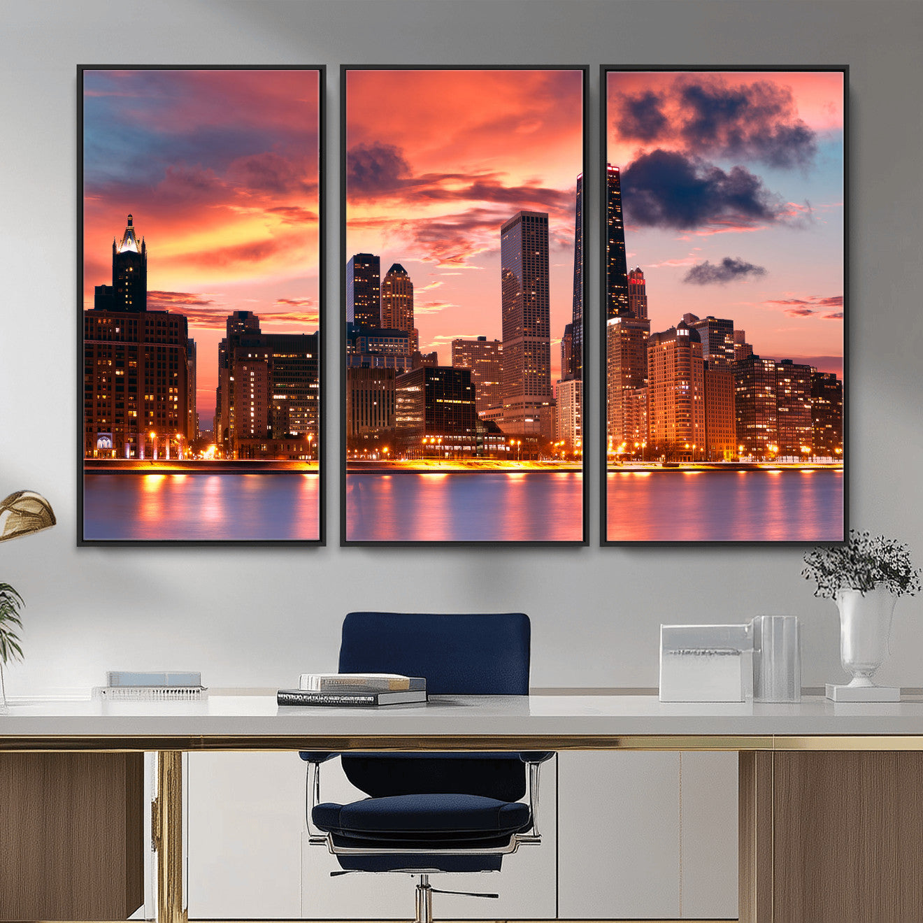 80390109-MGV-CV-36X24 - Chicago Wall Art Canvas Print, Chicago City Downtown Night Cityscape Print for Modern Urban Wall Decor