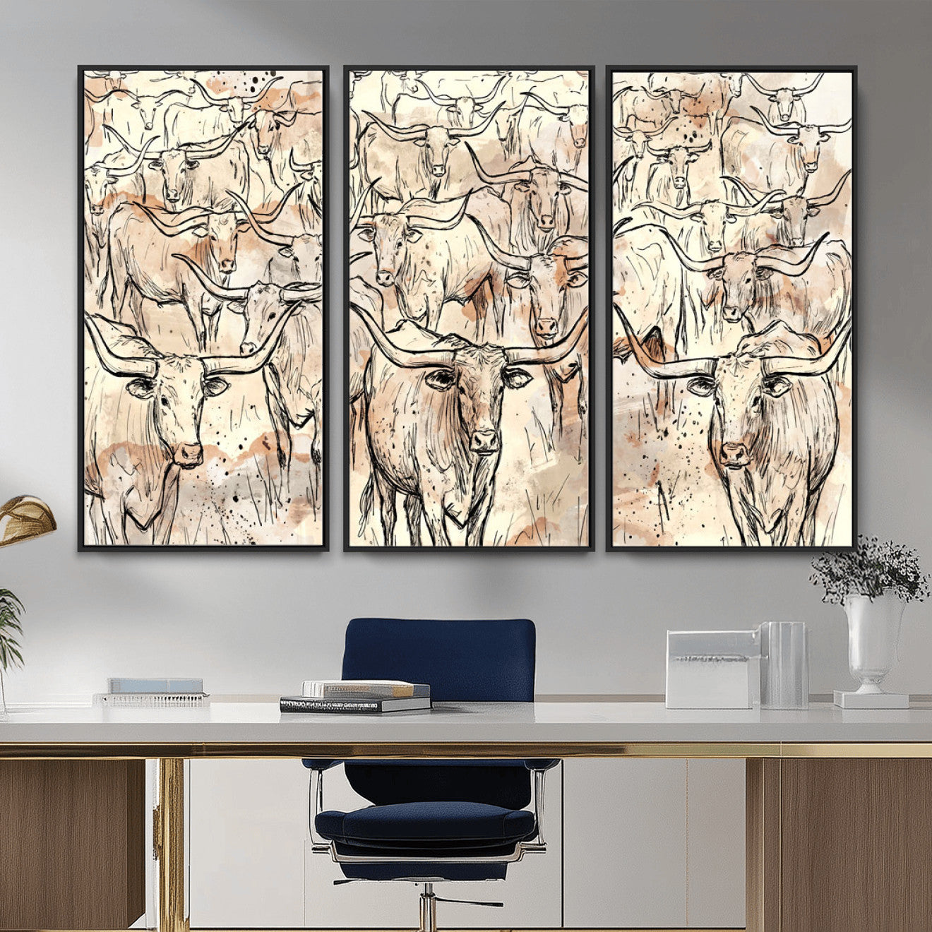 94055403-MGV-CV-36X24 - Farmhouse Animals Wall Art Canvas Print - Abstract Farm Animal Drawing Mid-Century Wall Art for Cabin Decor