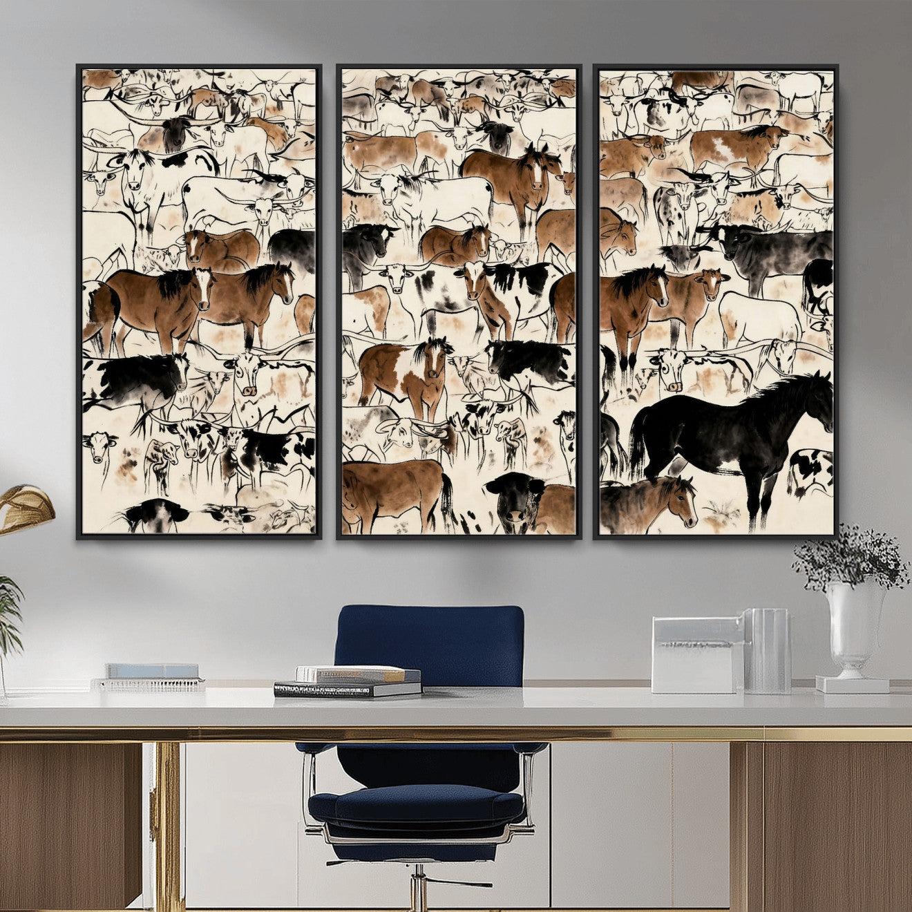 86150485-MGV-CV-36X24 - Farmhouse Animals Wall Art Canvas Print - Abstract Farm Animal Drawing Mid-Century Wall Art for Cabin Decor