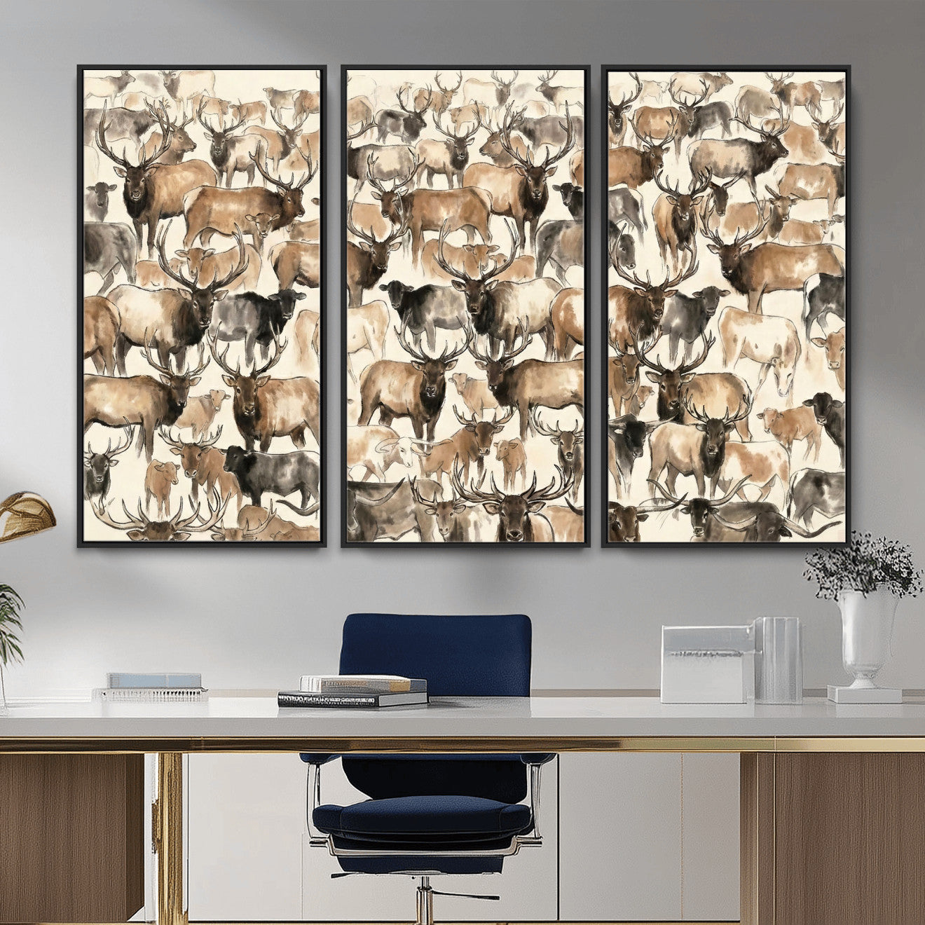 24374881-MGV-CV-36X24 - Farmhouse Animals Wall Art Canvas Print - Abstract Farm Animal Drawing Mid-Century Wall Art for Cabin Decor