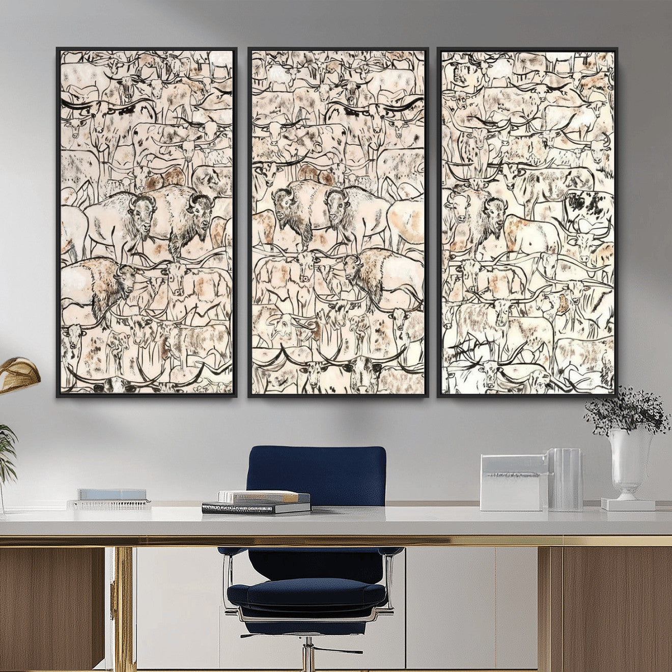 36925875-MGV-CV-36X24 - Farmhouse Animals Wall Art Canvas Print - Abstract Farm Animal Drawing Mid-Century Wall Art for Cabin Decor