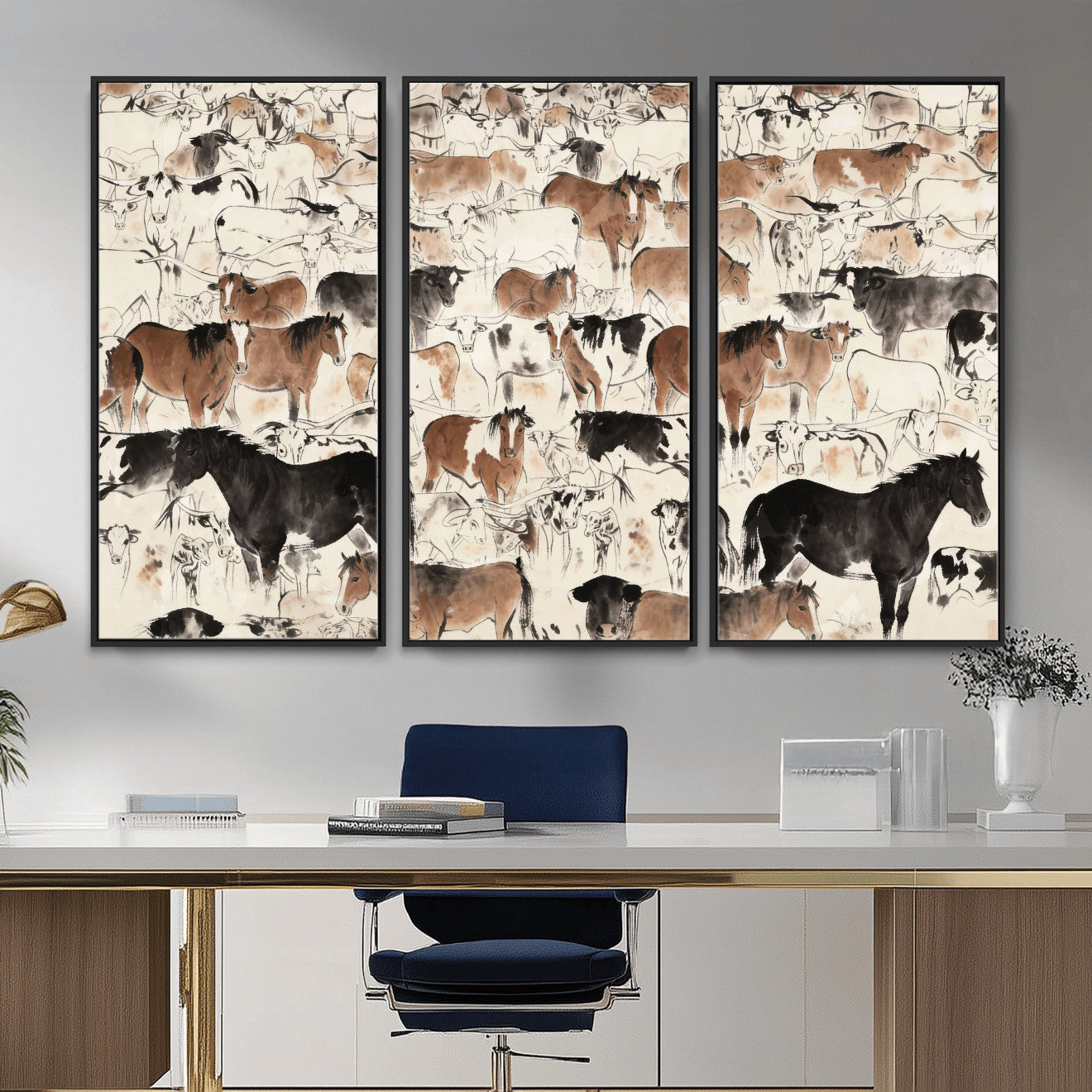74171578-MGV-CV-36X24 - Farmhouse Animals Wall Art Canvas Print - Abstract Farm Animal Drawing Mid-Century Wall Art for Cabin Decor