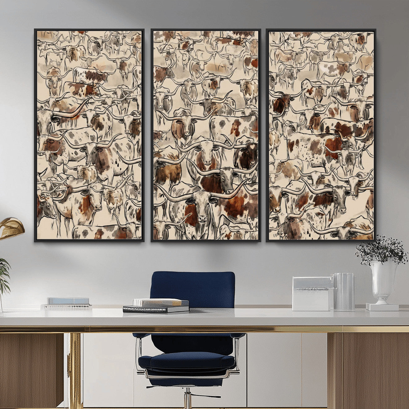 94808502-MGV-CV-36X24 - Farmhouse Animals Wall Art Canvas Print - Abstract Farm Animal Drawing Mid-Century Wall Art for Cabin Decor