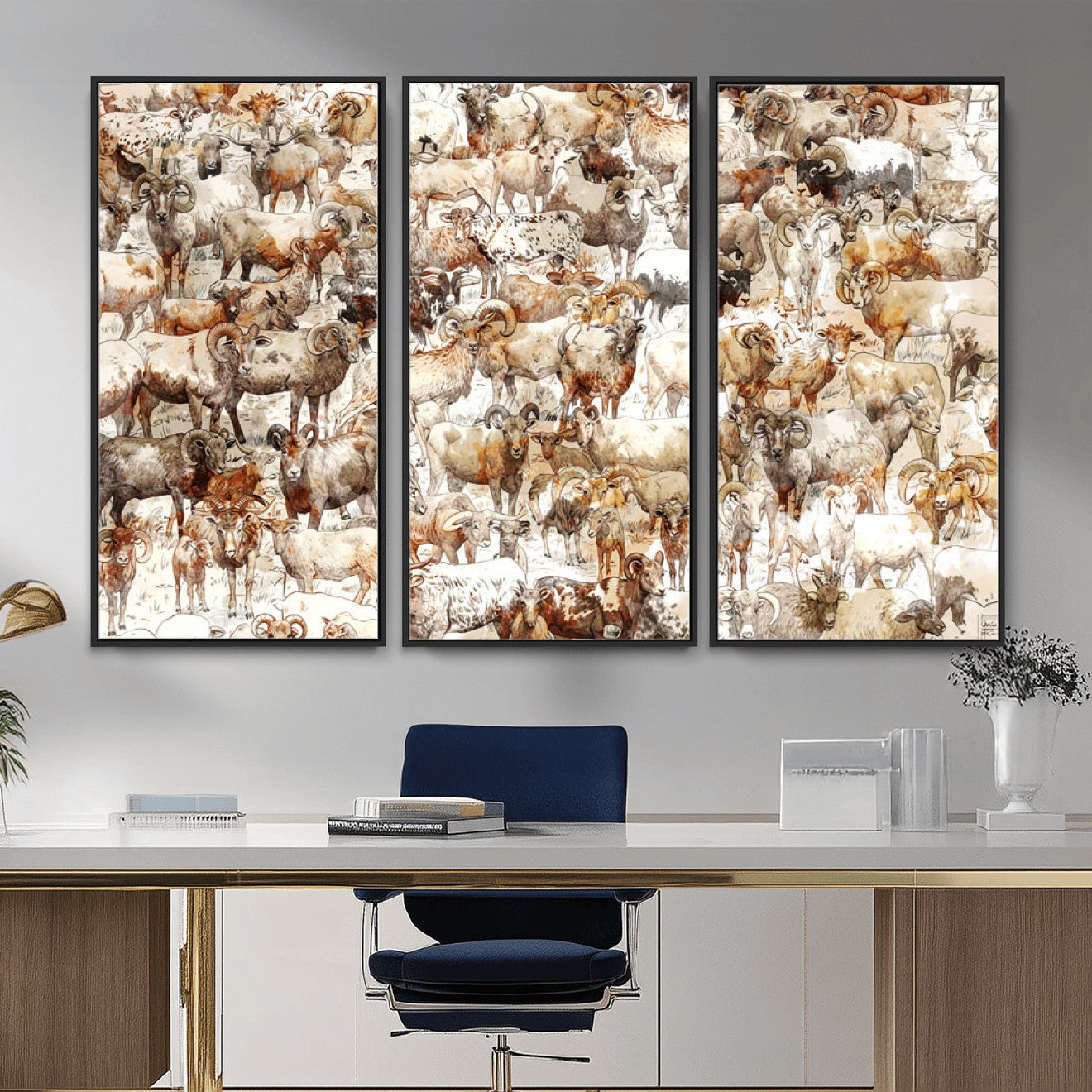 95103864-MGV-CV-36X24 - Farmhouse Animals Wall Art Canvas Print - Abstract Farm Animal Drawing Mid-Century Wall Art for Cabin Decor