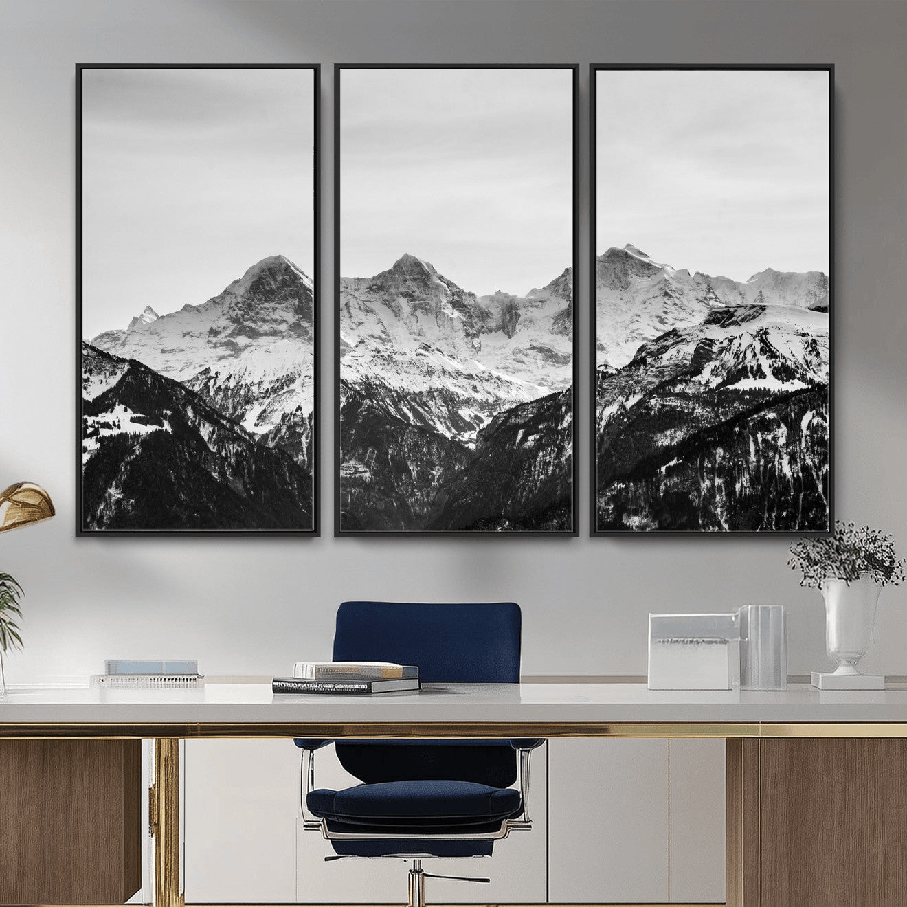 85684934-MGV-CV-36X24 - Black and White Mountain Wall Art Canvas Print, Snowy Alpine Peaks Landscape Photography, Minimal Monochrome Mountain Art, Scenic Nature Wall Decor