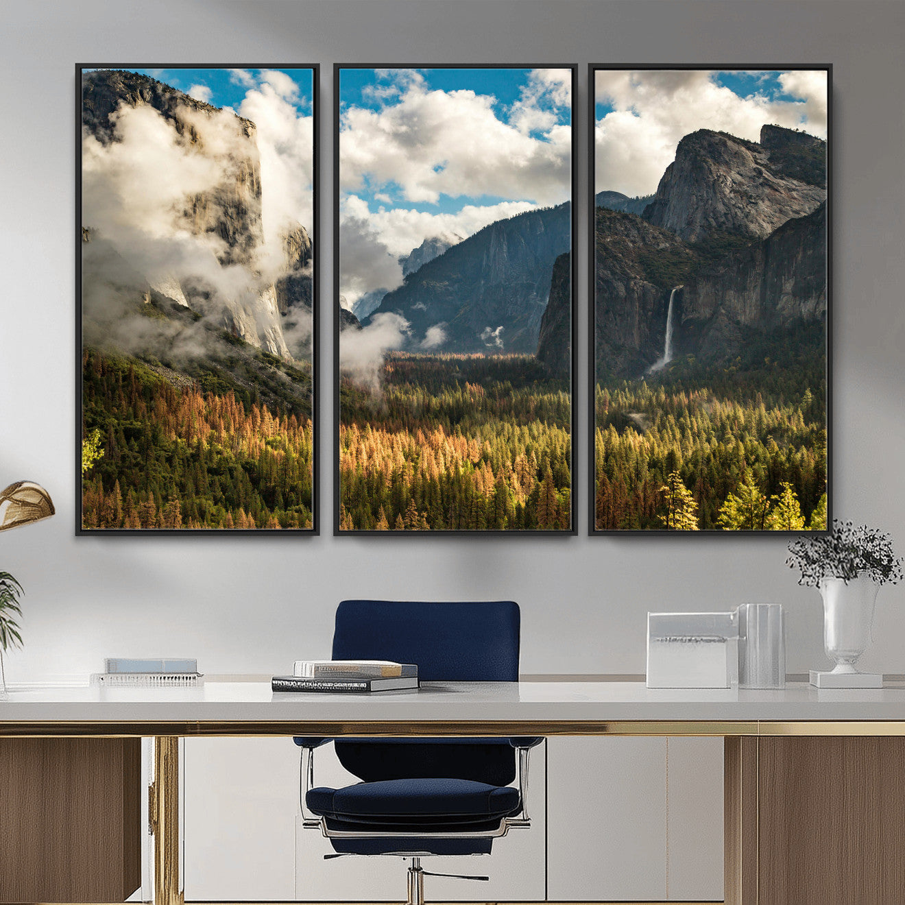18271001-MGV-CV-36X24 - Yosemite Valley River Landscape Wall Art Canvas Print, Granite Cliffs Forest River Canvas Print, California National Park Moody Scenic Art Printi