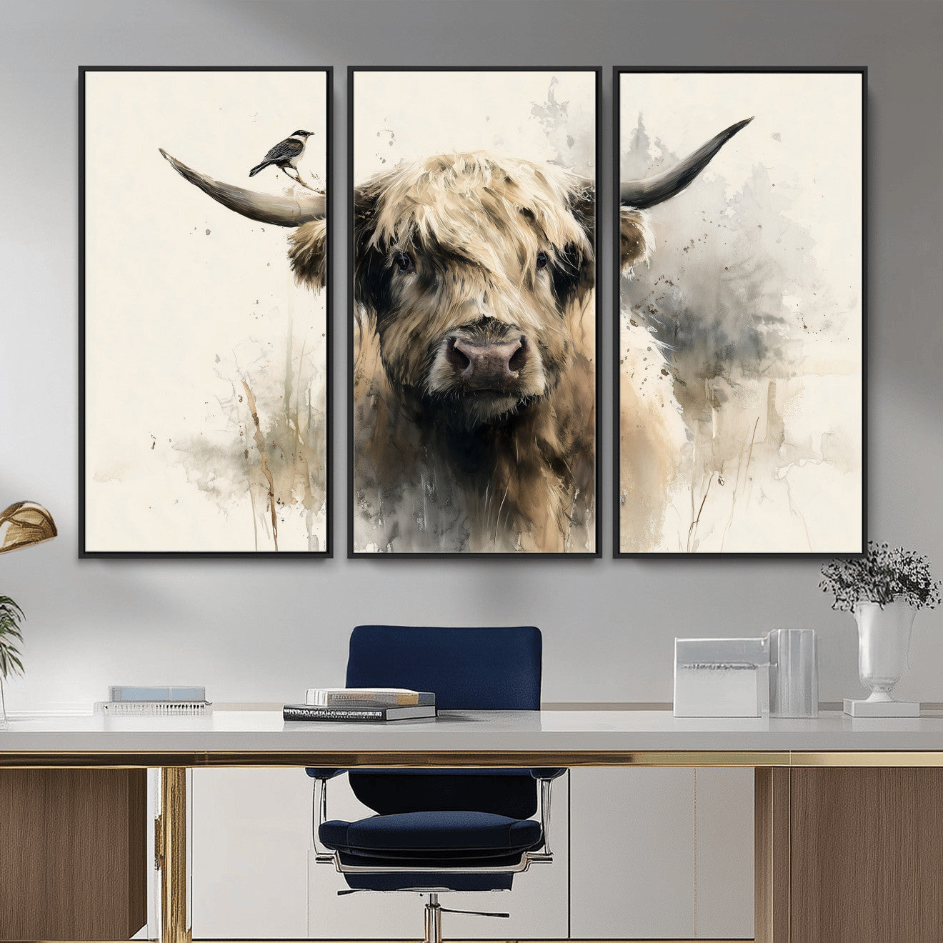 98249290-MGV-CV-36X24 - Abstract Highland Cow Watercolor Animal Wall Art Canvas Print, Rustic Farm Cattle Portrait Canvas Print, Neutral Wildlife Farmhouse Art Printing