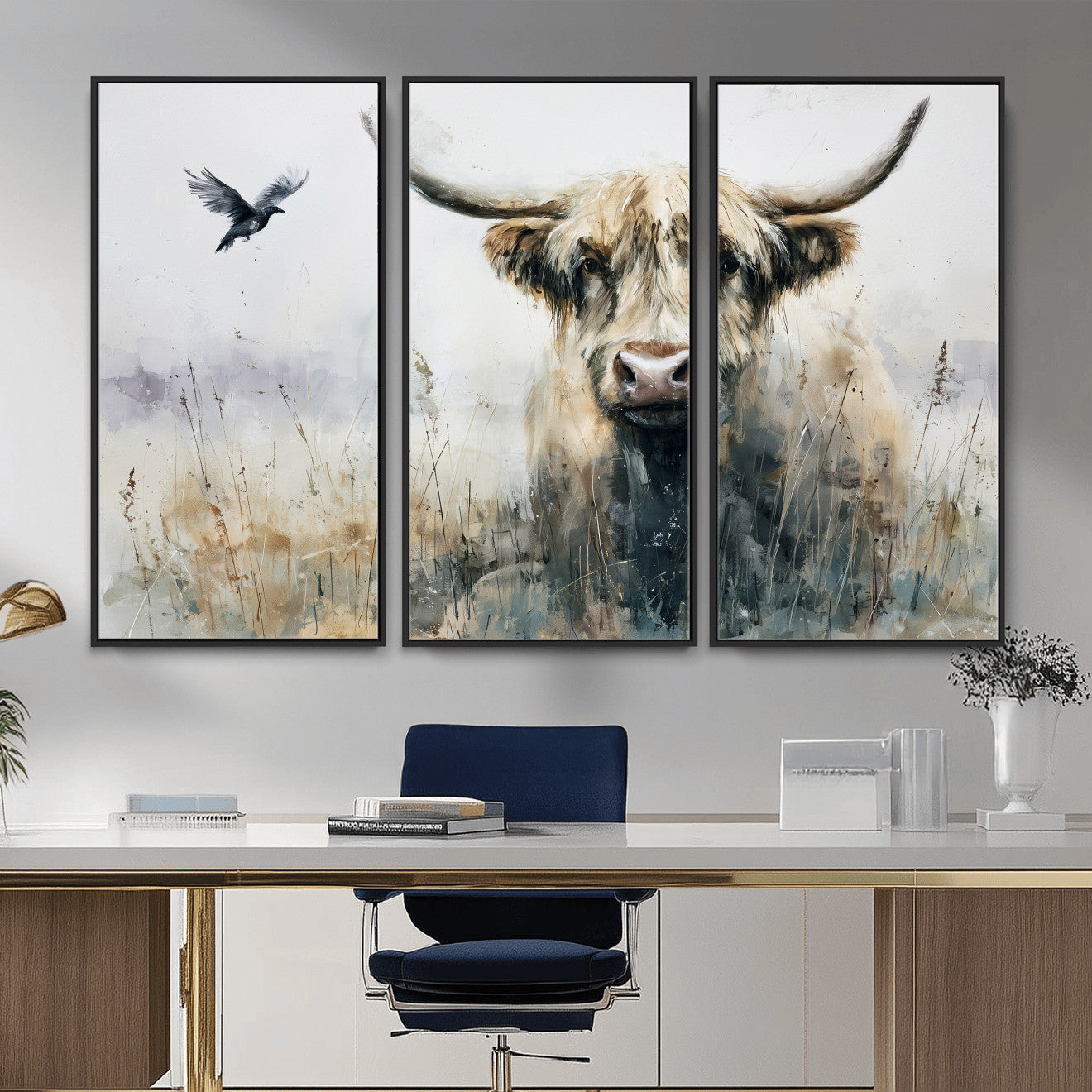 55652651-MGV-CV-36X24 - Abstract Highland Cow Watercolor Animal Wall Art Canvas Print, Rustic Farm Cattle Portrait Canvas Print, Neutral Wildlife Farmhouse Art Printing
