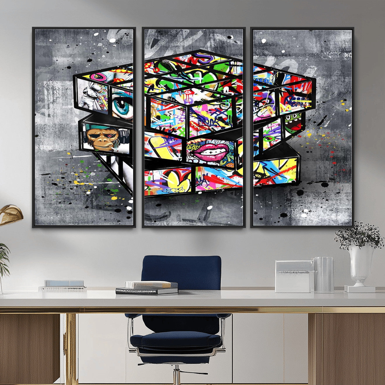 46789556-MGV-CV-36X24 - Graffiti Cube Abstract Street Art Wall Art Canvas Print, Colorful Urban Pop Art Geometric Canvas Print, Modern Street Art Contemporary Art Printing