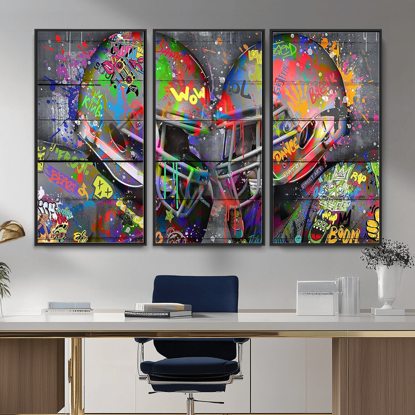 15309853-MGV-CV-36X24 - Graffiti Football Helmets Wall Art Canvas Print, Urban Street Art Sports Decor, Colorful American Football Graffiti Artwork