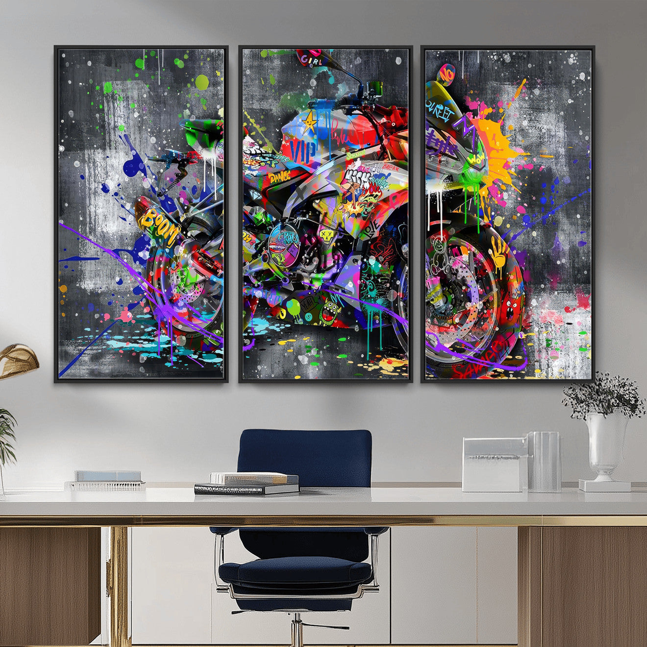 83021767-MGV-CV-36X24 - Graffiti Motorcycle Wall Art Canvas Print, Urban Street Art Motorbike Decor, Colorful Graffiti Sports Bike Artwork