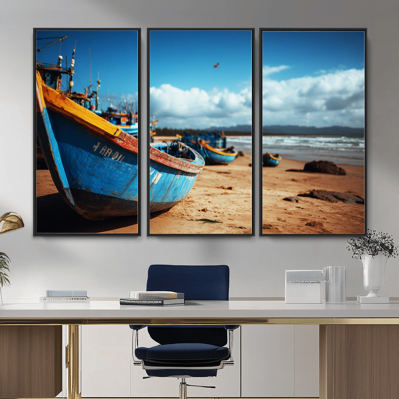 70925201-MGV-CV-36X24 - Fishing Boats Wall Art Canvas Print, Coastal Boat Beach Scene, Nautical Seaside Artwork, Ocean Shore Decor, Coastal Home Wall Art