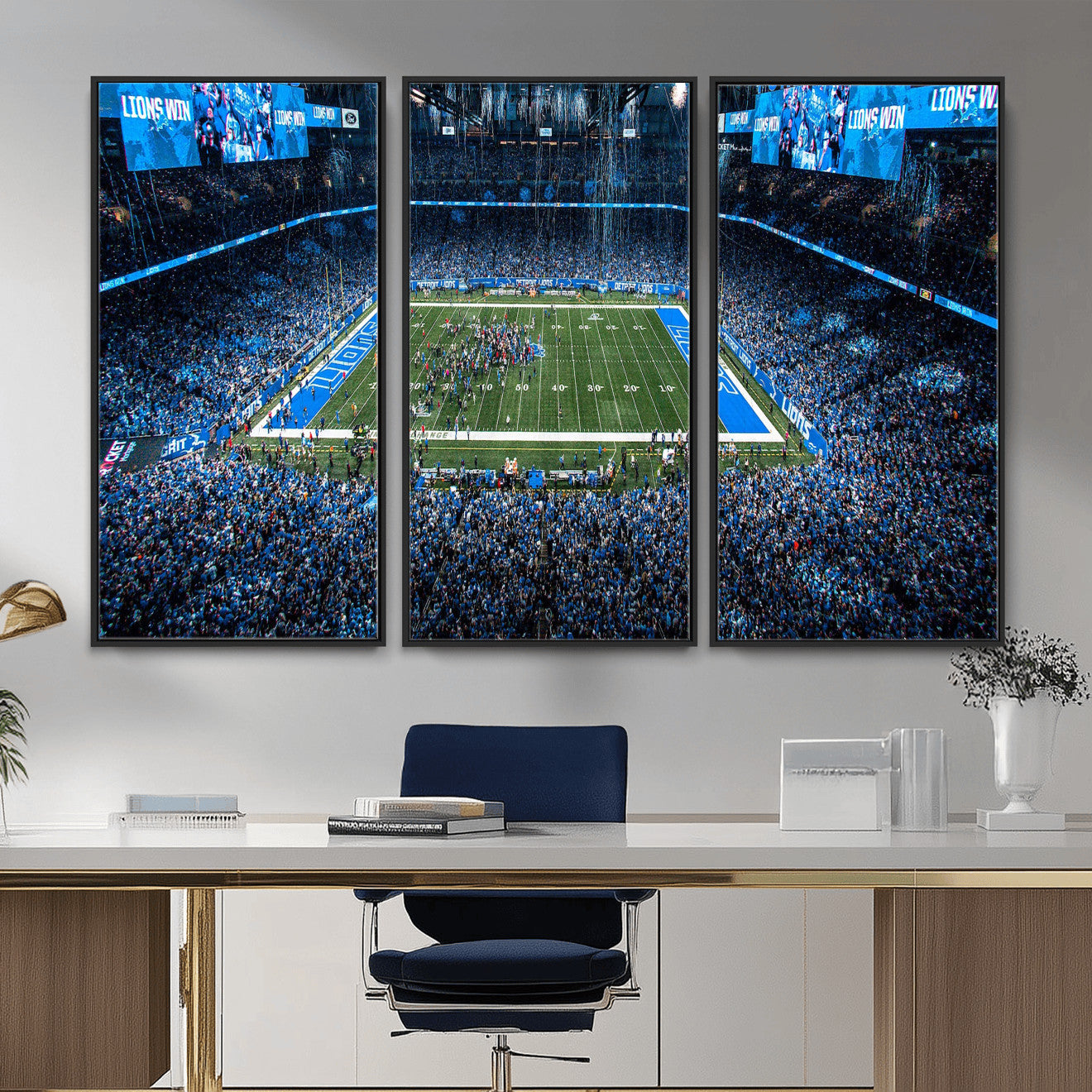 80882005-MGV-CV-36X24 - Detroit Lions Stadium Wall Art Canvas Print, Football Field Panorama Artwork, NFL Game Night Stadium Decor