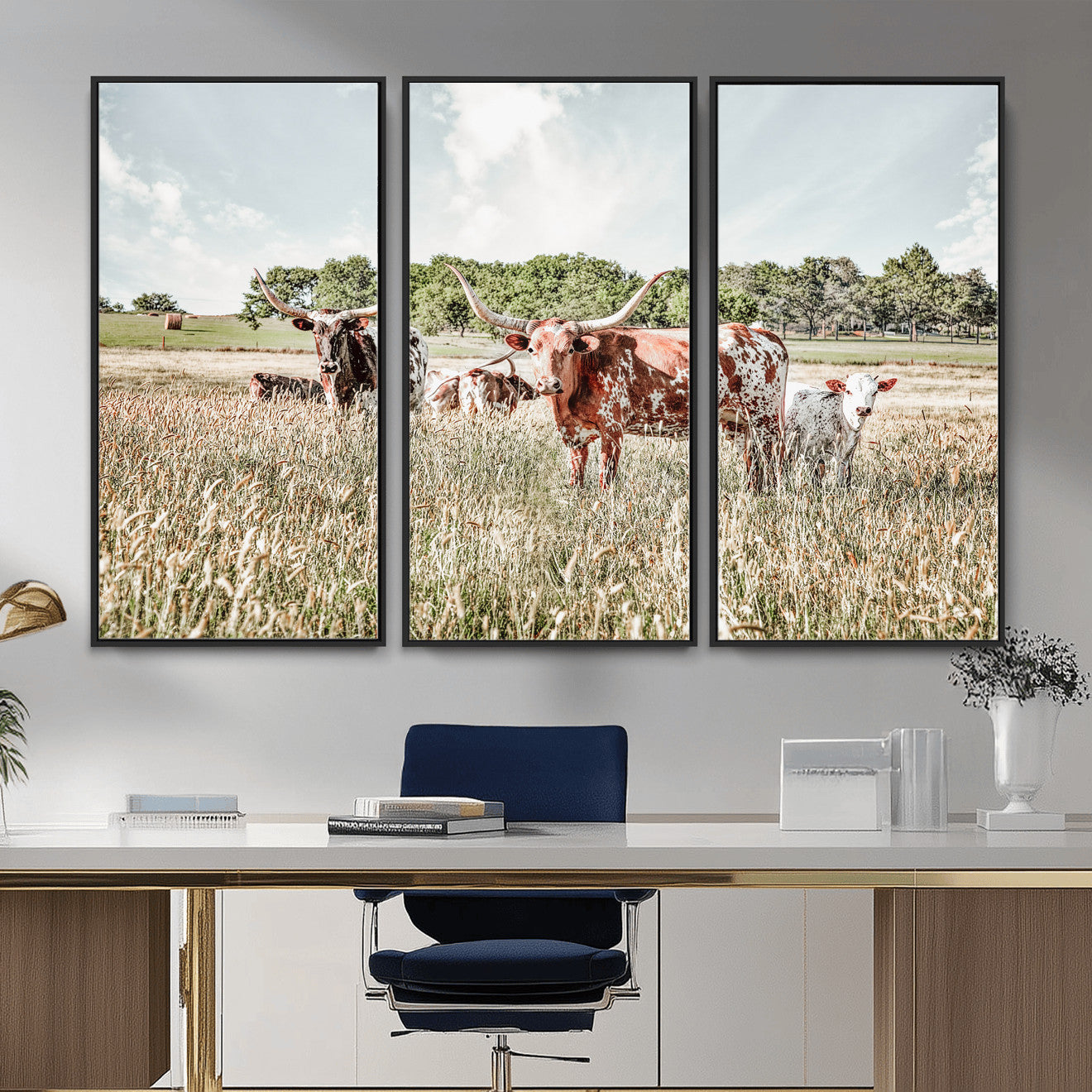 33963645-MGV-CV-36X24 - Texas Longhorn Cattle Wall Art Canvas Print, Western Ranch Landscape Nature Wall Decor for Living Room and Office