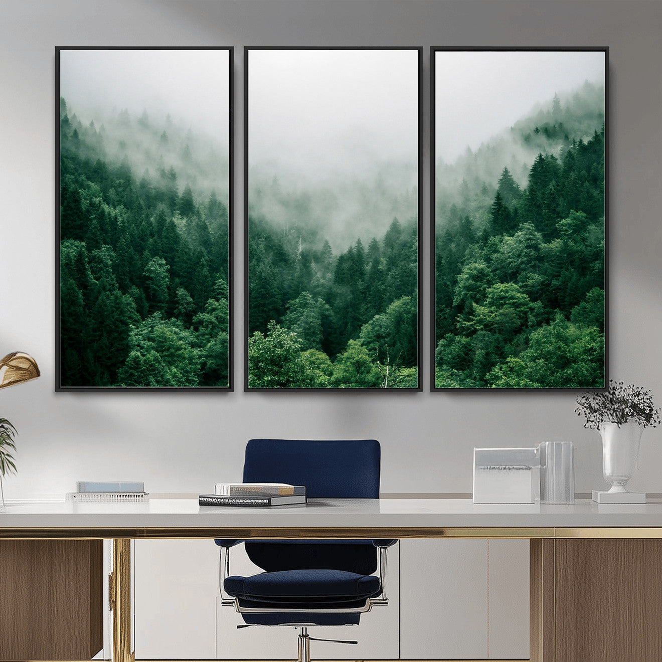 61640815-MGV-CV-36X24 - Misty Pine Forest Wall Art Canvas Print, Foggy Evergreen Landscape Wall Decor, Moody Green Nature Artwork, Minimal Forest Canvas Wall Art, Framed Canvas Wall Art Ready to Hang