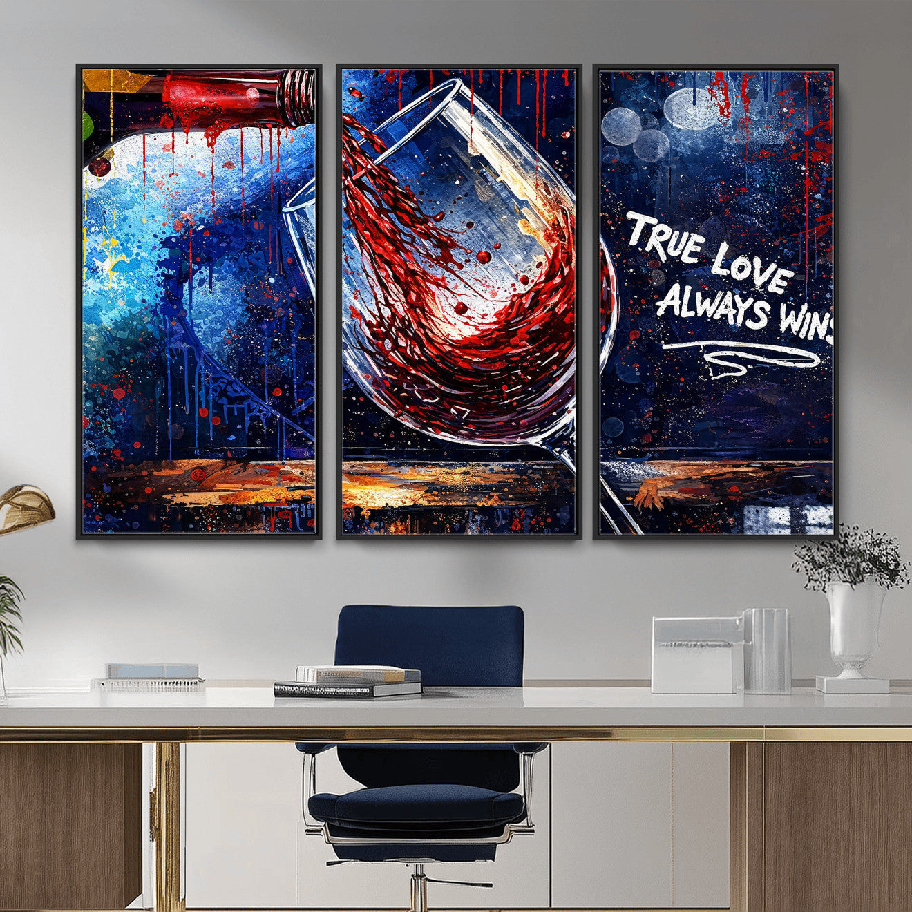 88788932-MGV-CV-36X24 - Red Wine Splash Abstract Wall Art Canvas Print, Modern Wine Glass Painting Canvas Print, Romantic Quote Contemporary Bar Art Print