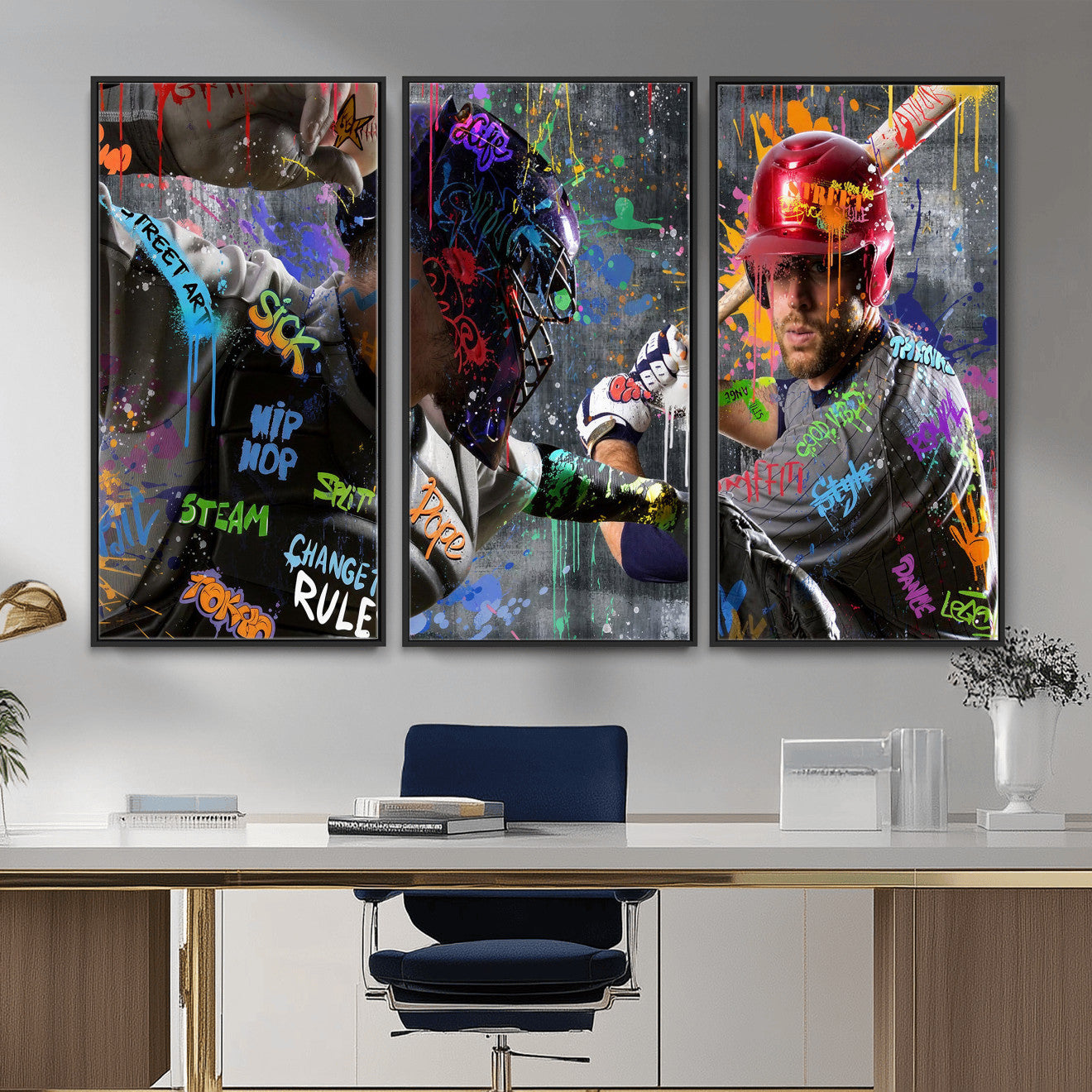 19634994-MGV-CV-36X24 - Graffiti Baseball Player Street Art Wall Art Canvas Print, Urban Sports Pop Art Baseball Canvas Print, Modern Athletic Graffiti Contemporary Art Printing