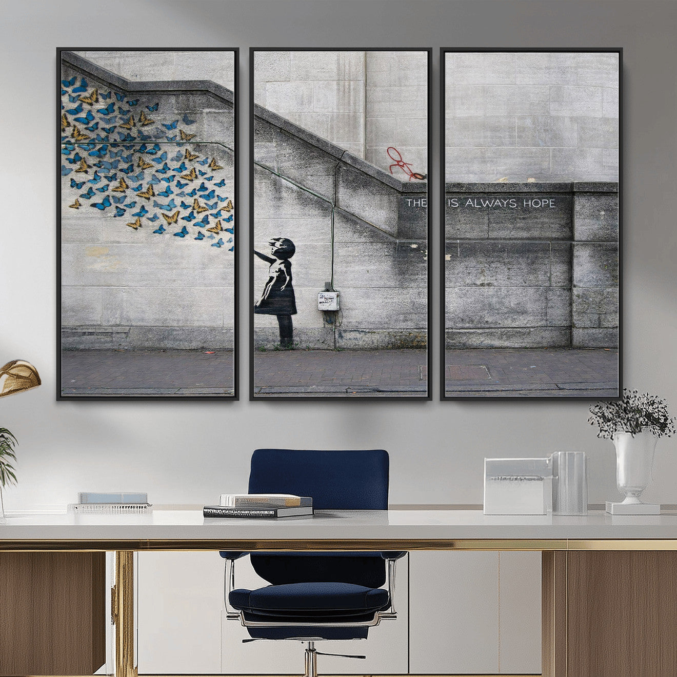15274223-MGV-CV-36X24 - Banksy Girl with Butterflies Street Art Wall Art Canvas Print, Hope Graffiti Urban Art Canvas Print, Minimalist Inspirational Street Art Contemporary Art Printing