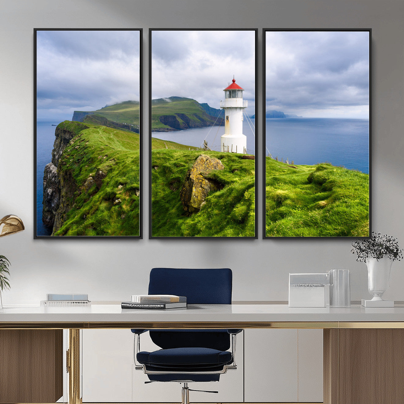 10680390-MGV-CV-36X24 - Coastal Lighthouse Wall Art Canvas Print, Cliffside Ocean Landscape Canvas Print, Scandinavian Coastal Decor for Living Room