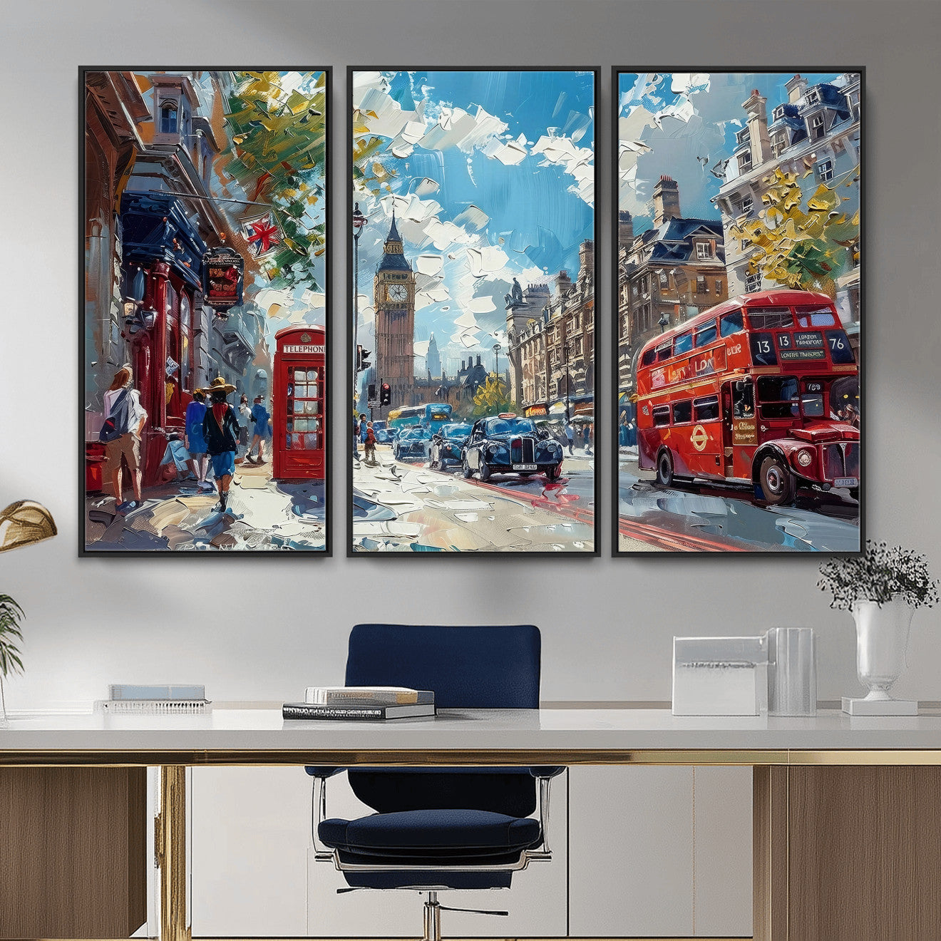17630888-MGV-CV-36X24 - London Street Canvas Wall Art — Big Ben Red Bus Print | Oil Painting Style | UK City Wall Decor | Travel Art Gift | Living Room Print