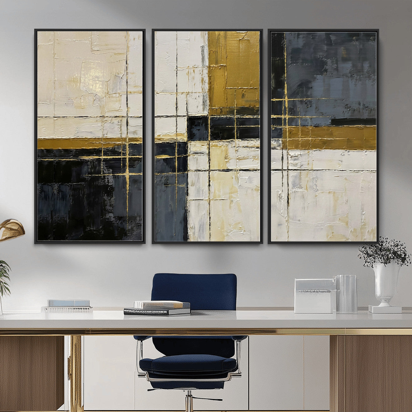 36097945-MGV-CV-36X24 - Abstract Gold and Black Wall Art Canvas Print – Modern Geometric Neutral Artwork for Living Room Decor