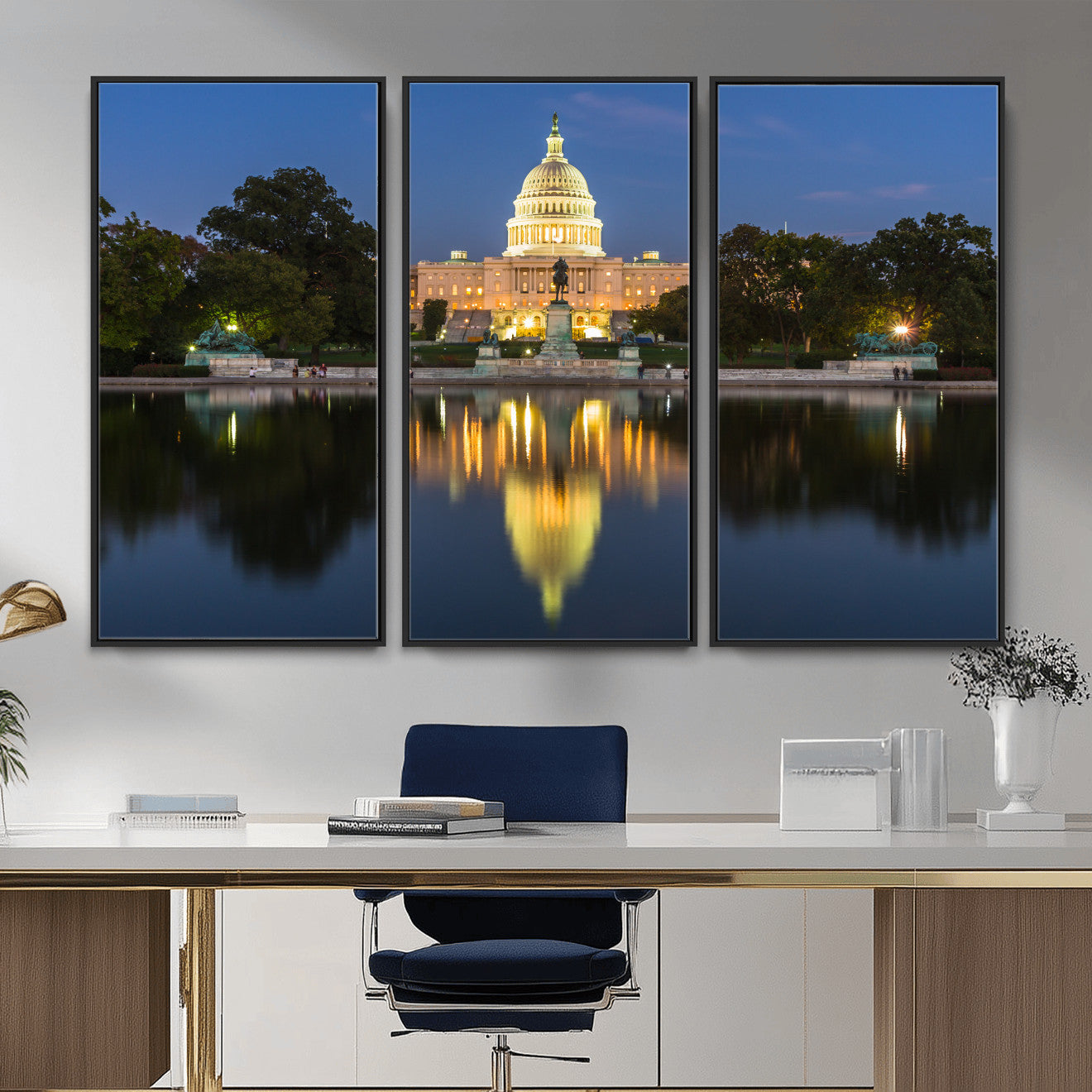 95568590-MGV-CV-36X24 - US Capitol Building Wall Art Canvas Print – Washington DC Landmark Night Reflection Artwork for Office Decor