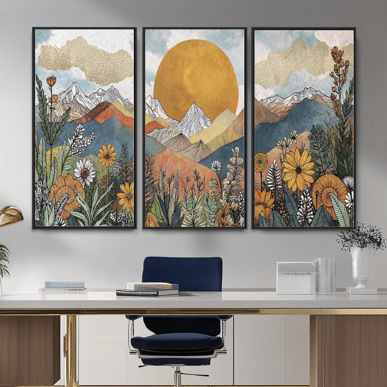 17540863-MGV-CV-36X24 - Boho Mountain Landscape Large Wall Art, Horizontal Gold Framed Canvas Print with Sun and Flowers